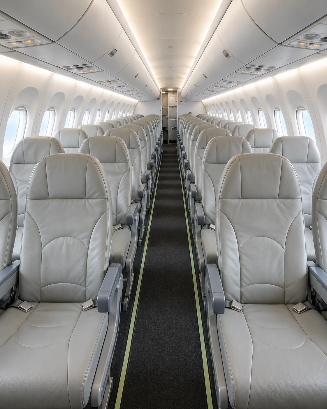 Interior of a Dash 8 Q400 cabin showing rows of grey leather seats