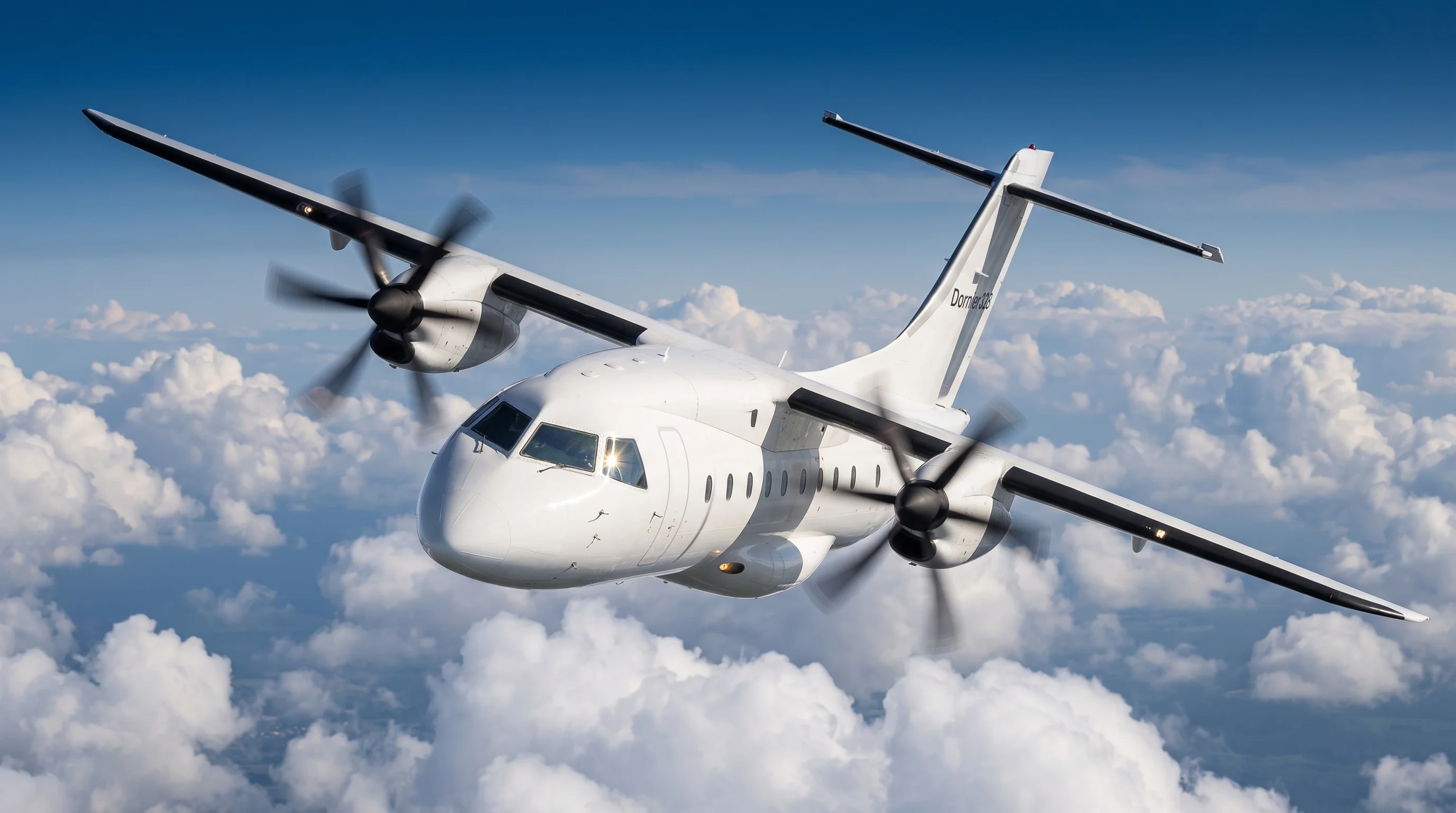Side view of a Dornier 328 aircraft in flight over mountains and farmland