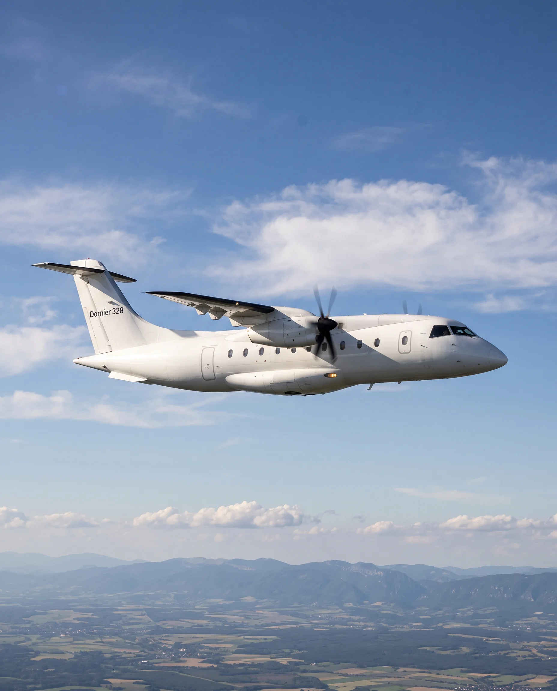 Close front angle view of a Dornier 328 aircraft descending through clouds
