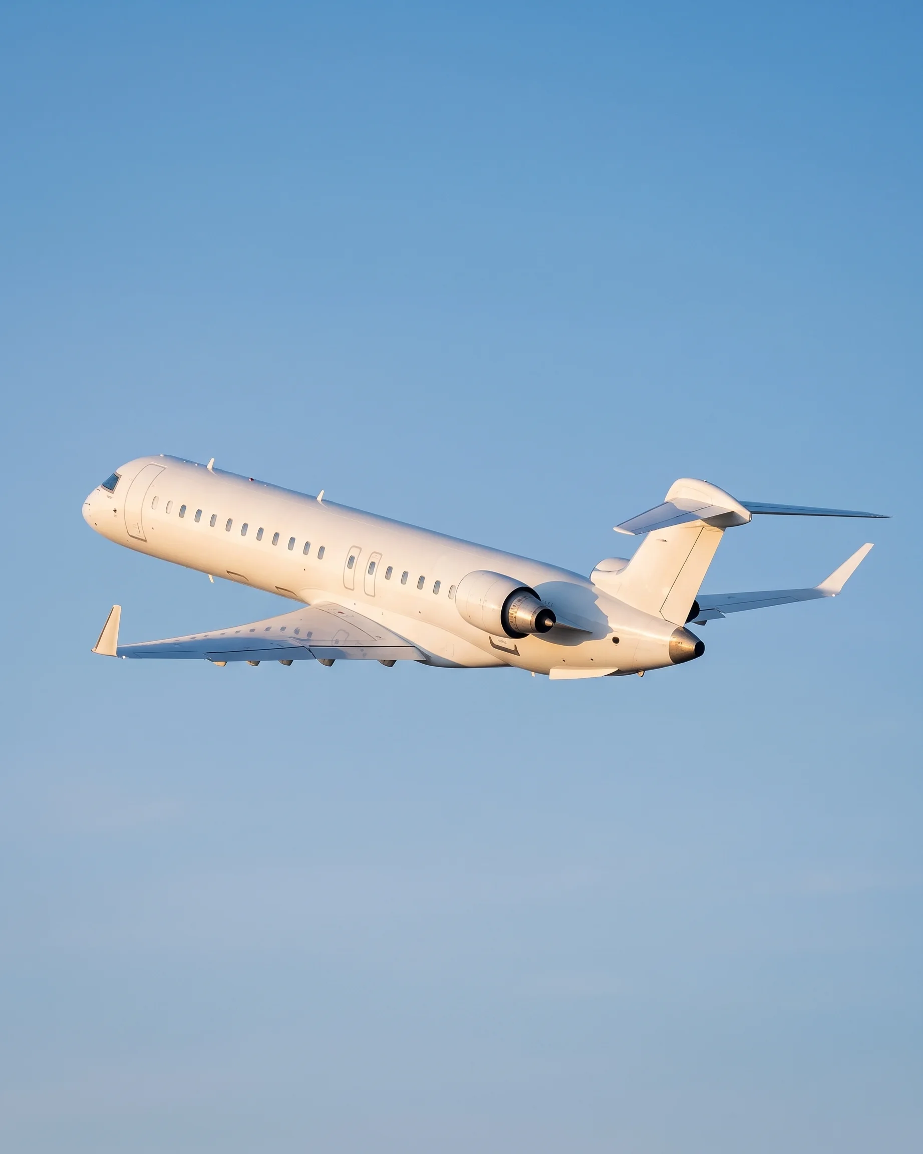 CRJ900 aircraft climbing steeply after takeoff against a clear blue sky