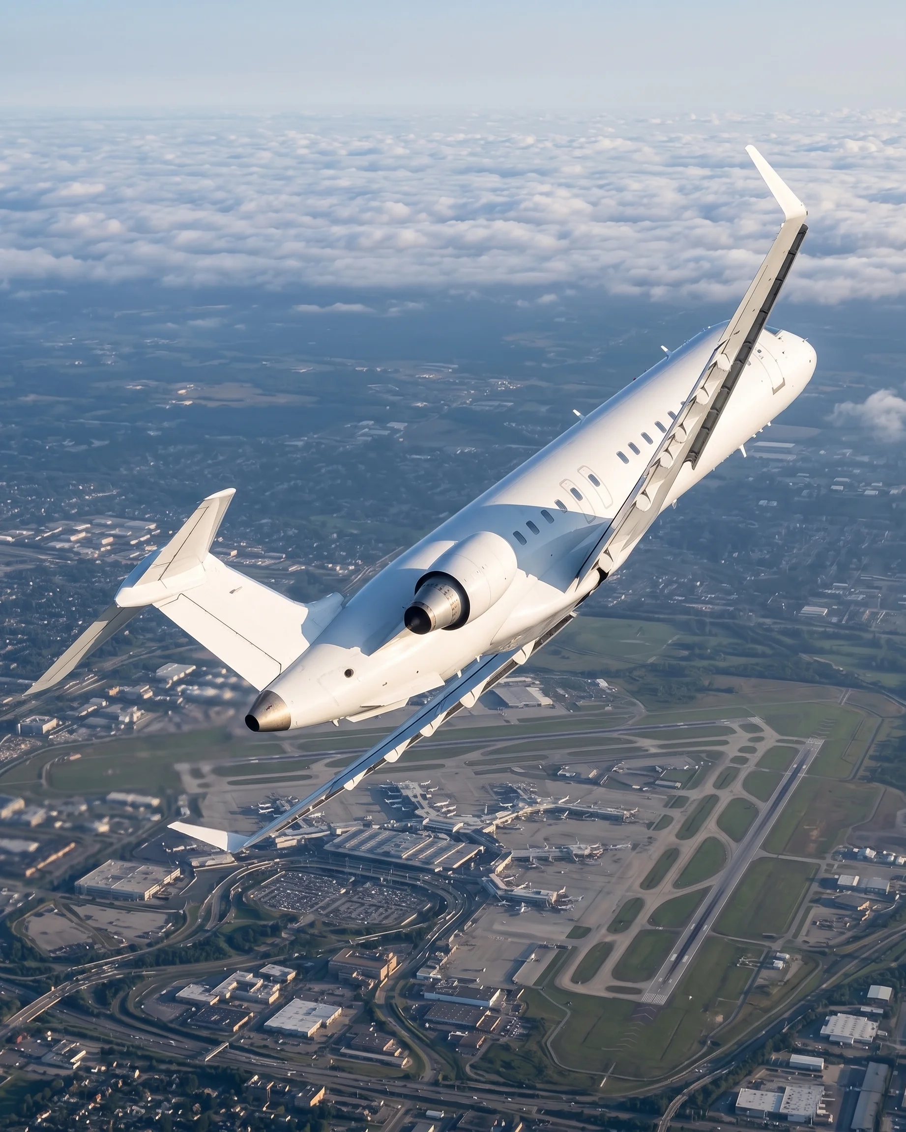 CRJ900 aircraft descending in a steep bank with an airport visible below