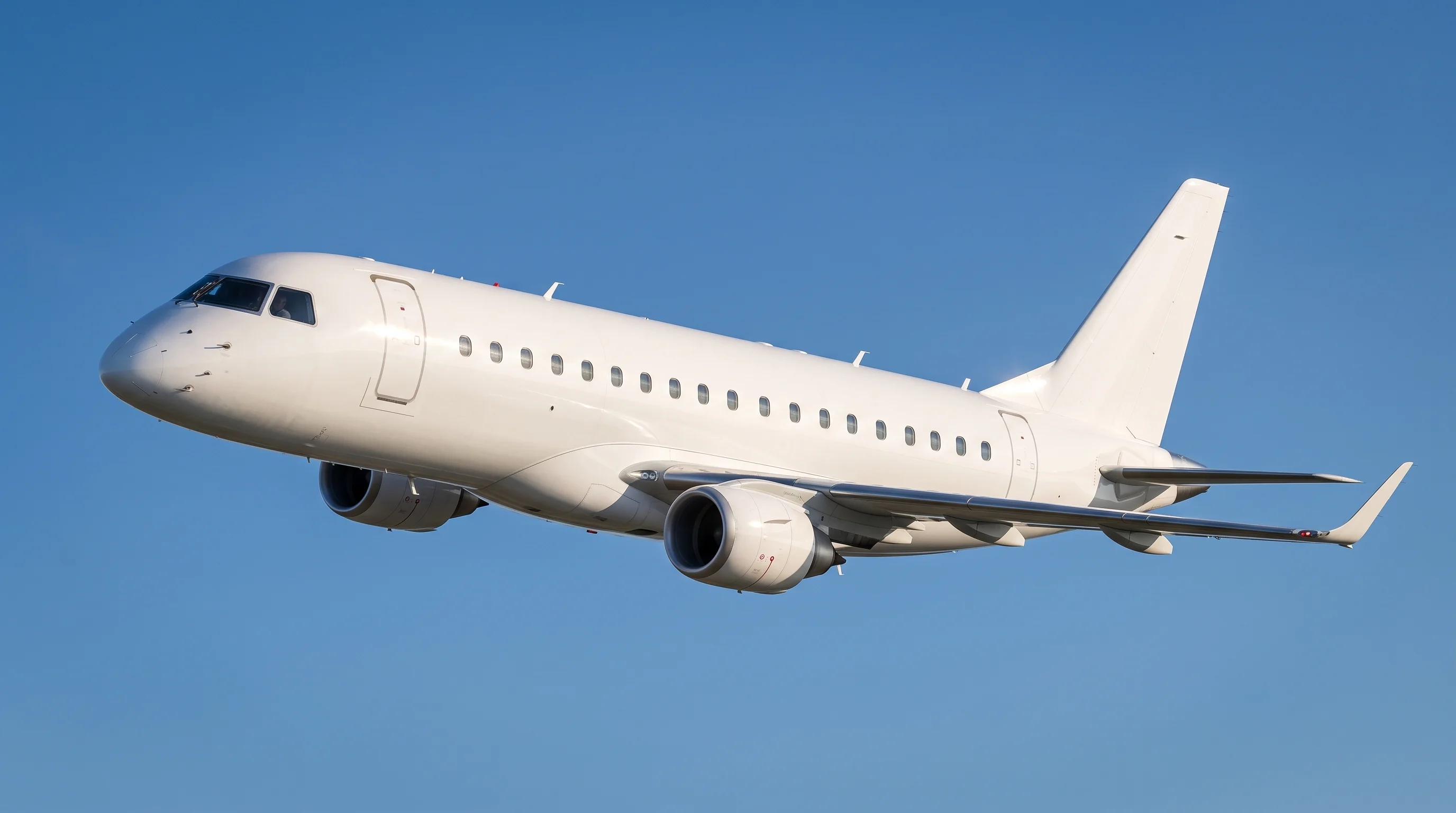 Front angle view of an Embraer ERJ170 aircraft climbing against a blue sky