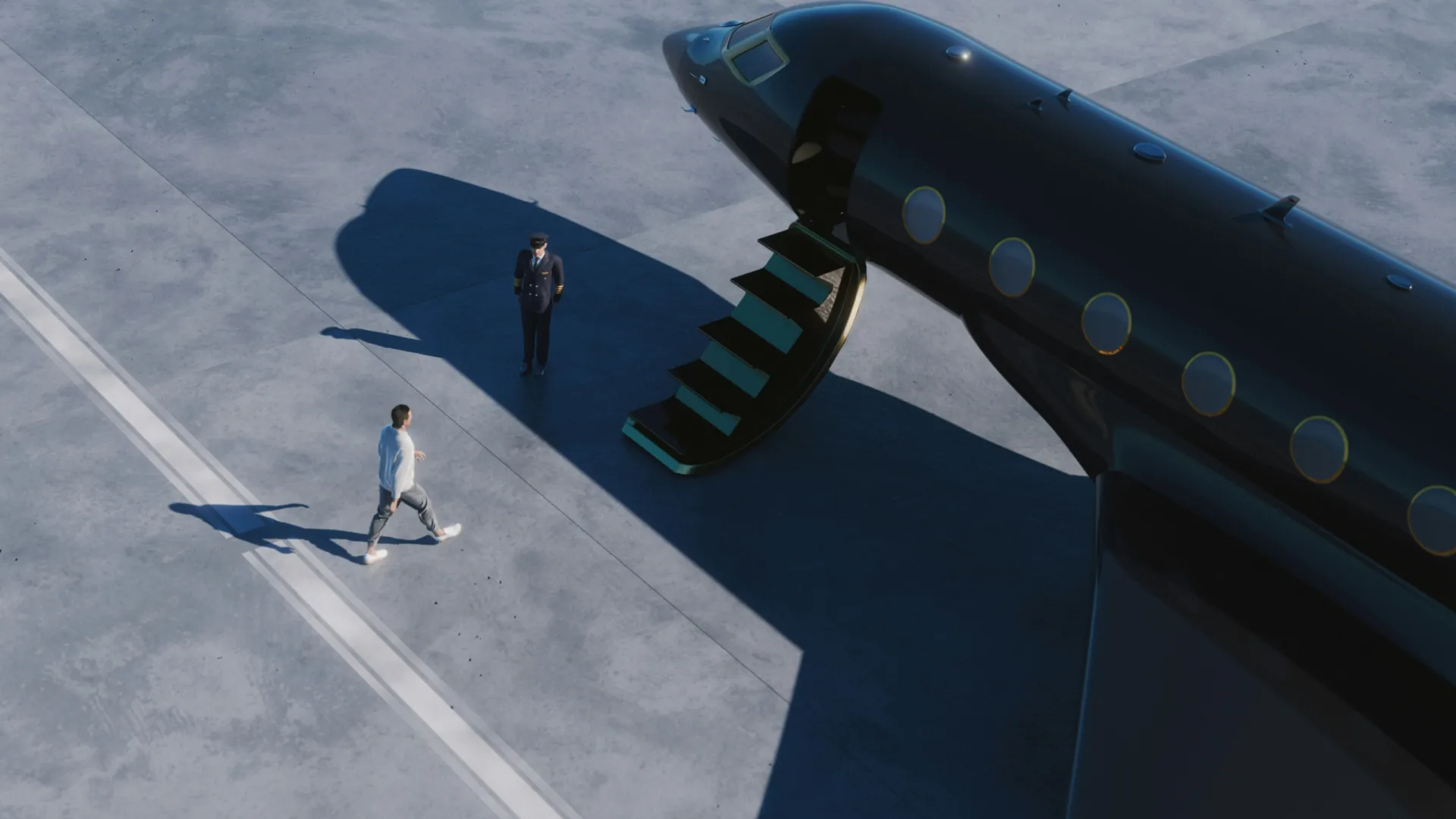 Passager se dirigeant vers un jet privé, accueilli par le pilote au pied de l'escalier d'embarquement