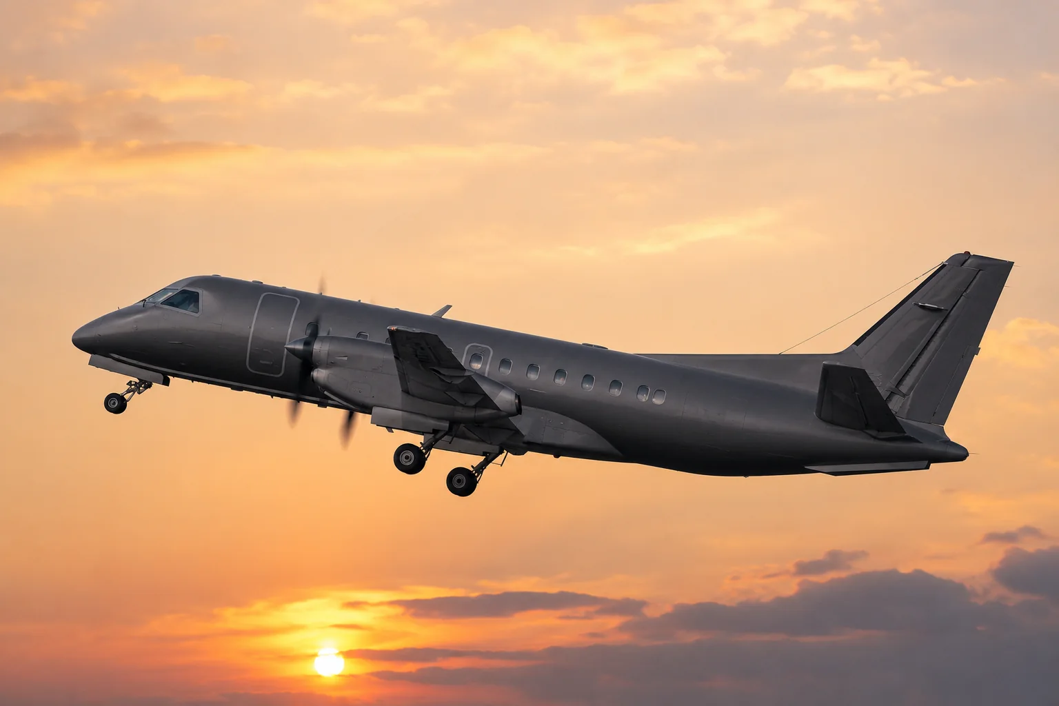 Turbopropulseur Saab 340 en vol au coucher du soleil