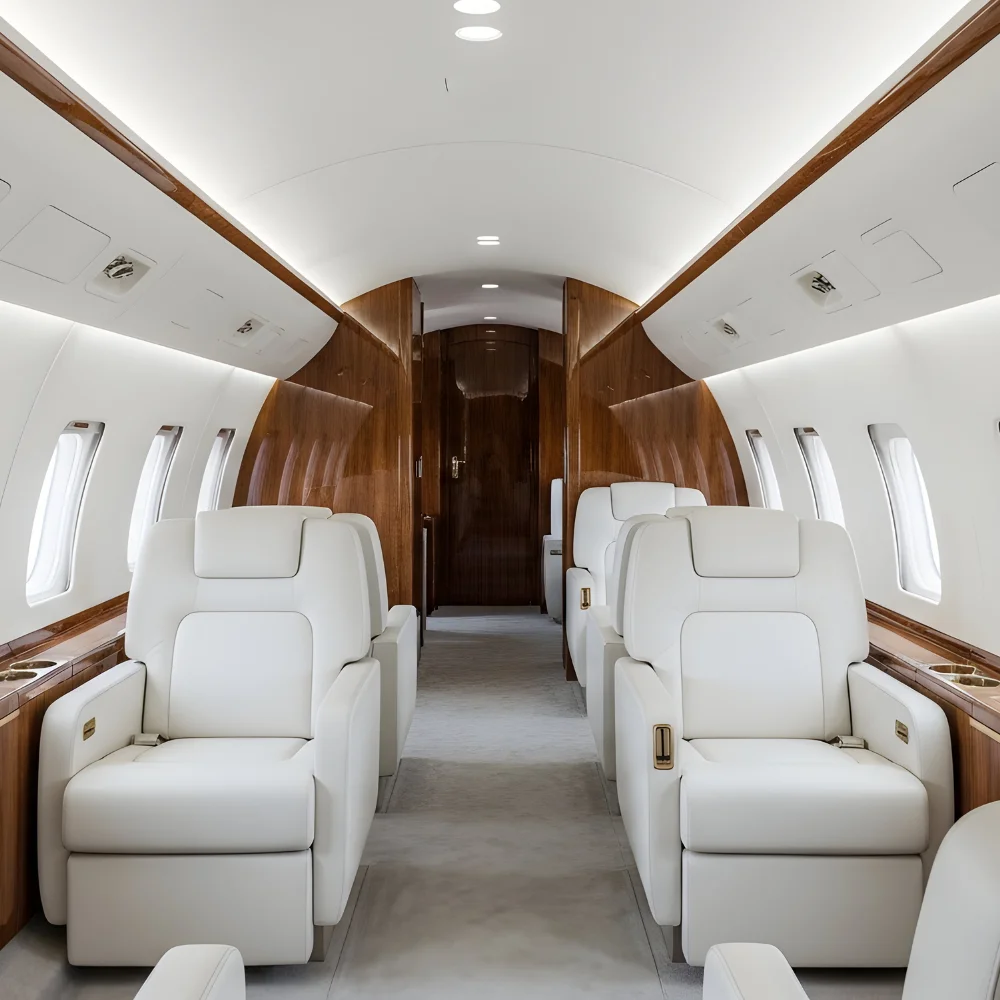 Private jet cabin with cream leather seats
