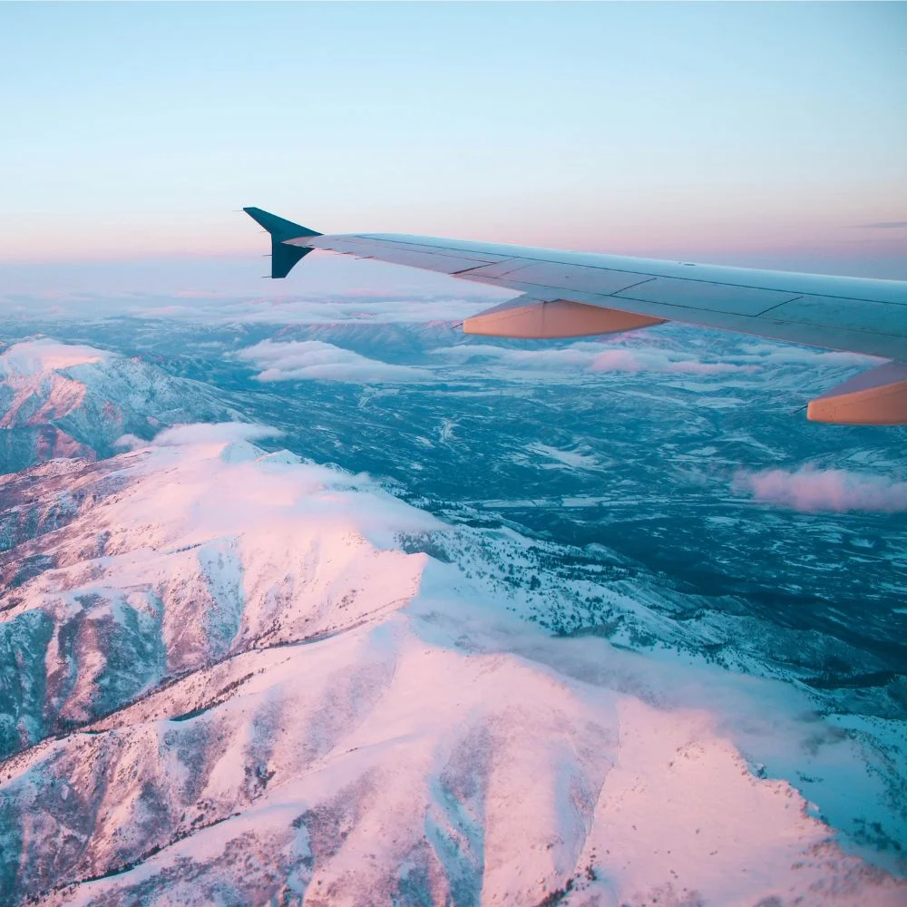 Aircraft wing above snow-capped mountains