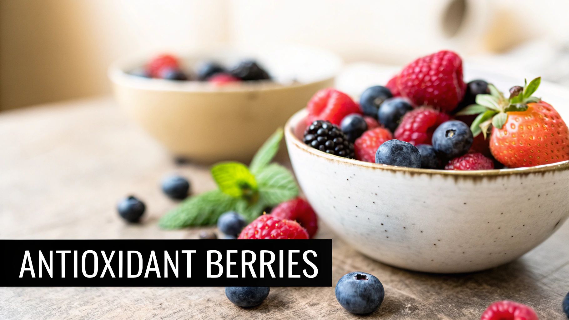 Fresh mixed berries, including blueberries, raspberries, blackberries, and strawberries, in ceramic bowls on a wooden table.