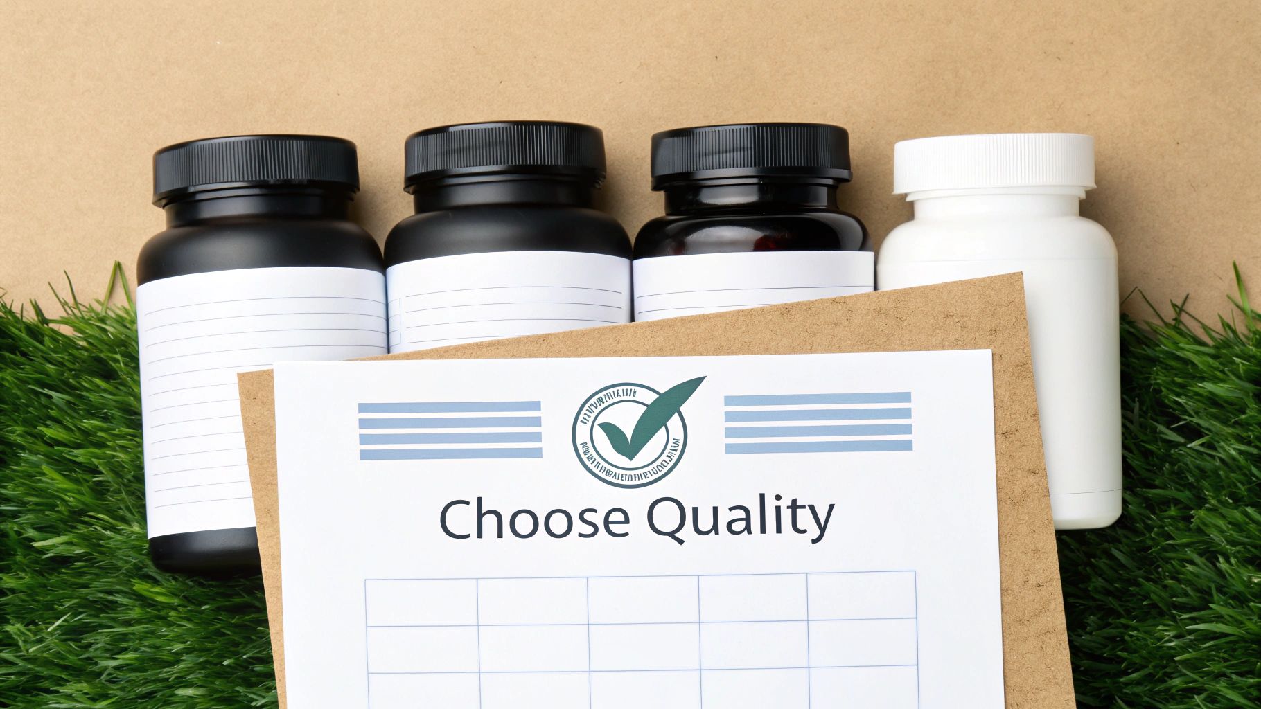 Four supplement bottles, three black and one white, stand on green grass next to a document reading 'Choose Quality'.