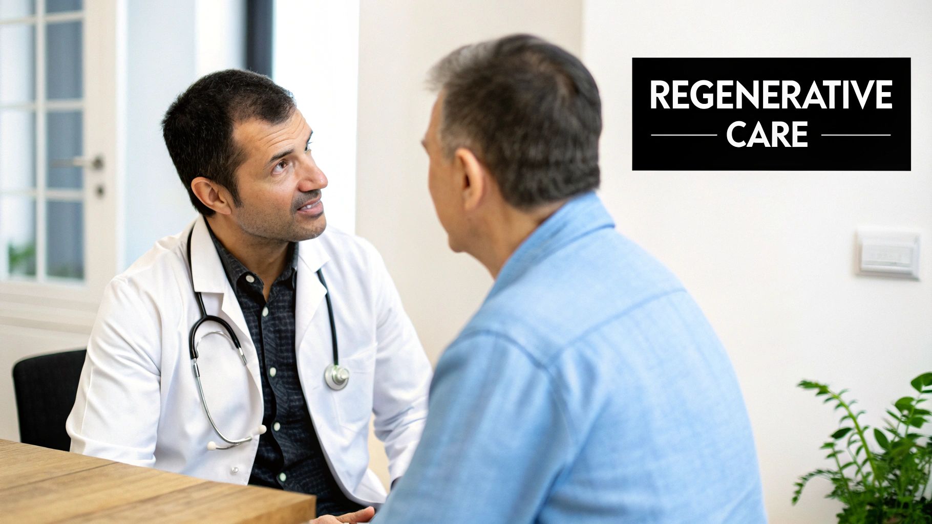 A male doctor in a white coat discusses regenerative care with a male patient.