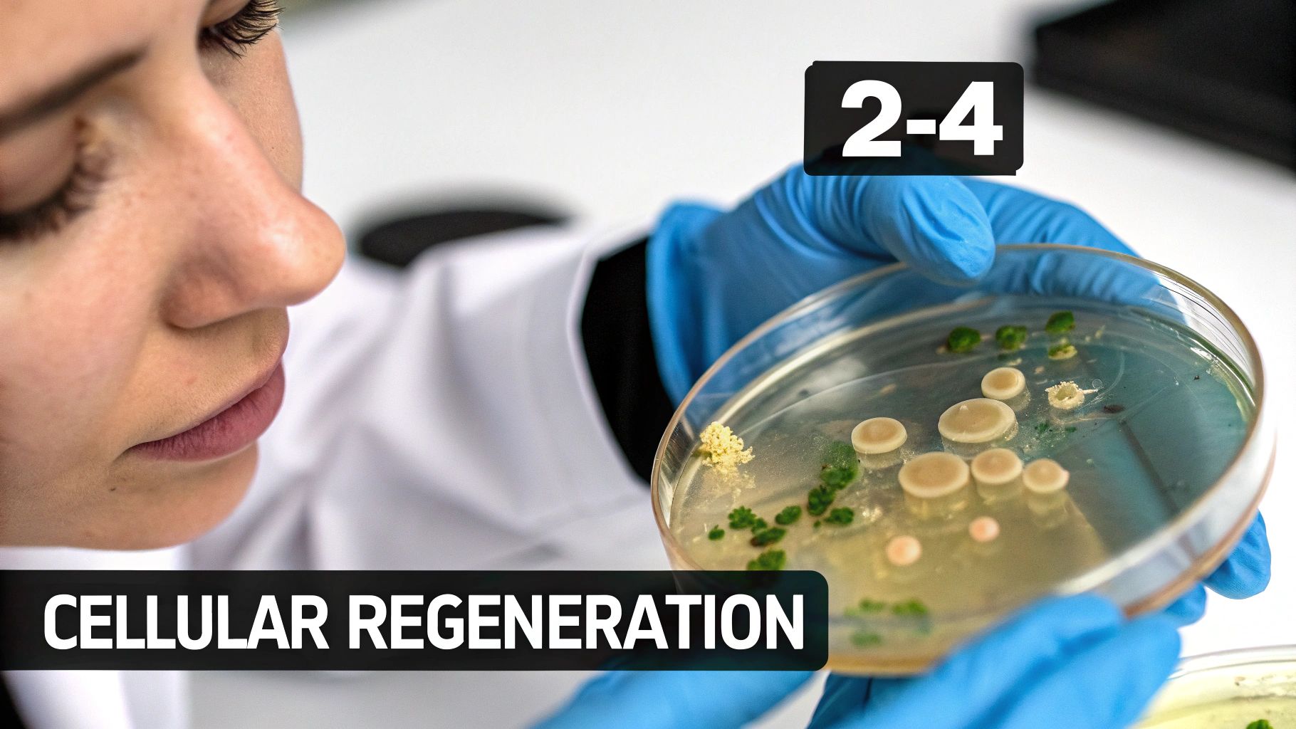 A scientist in blue gloves holds a petri dish with various microbial cultures, text 'CELLULAR REGENERATION'.