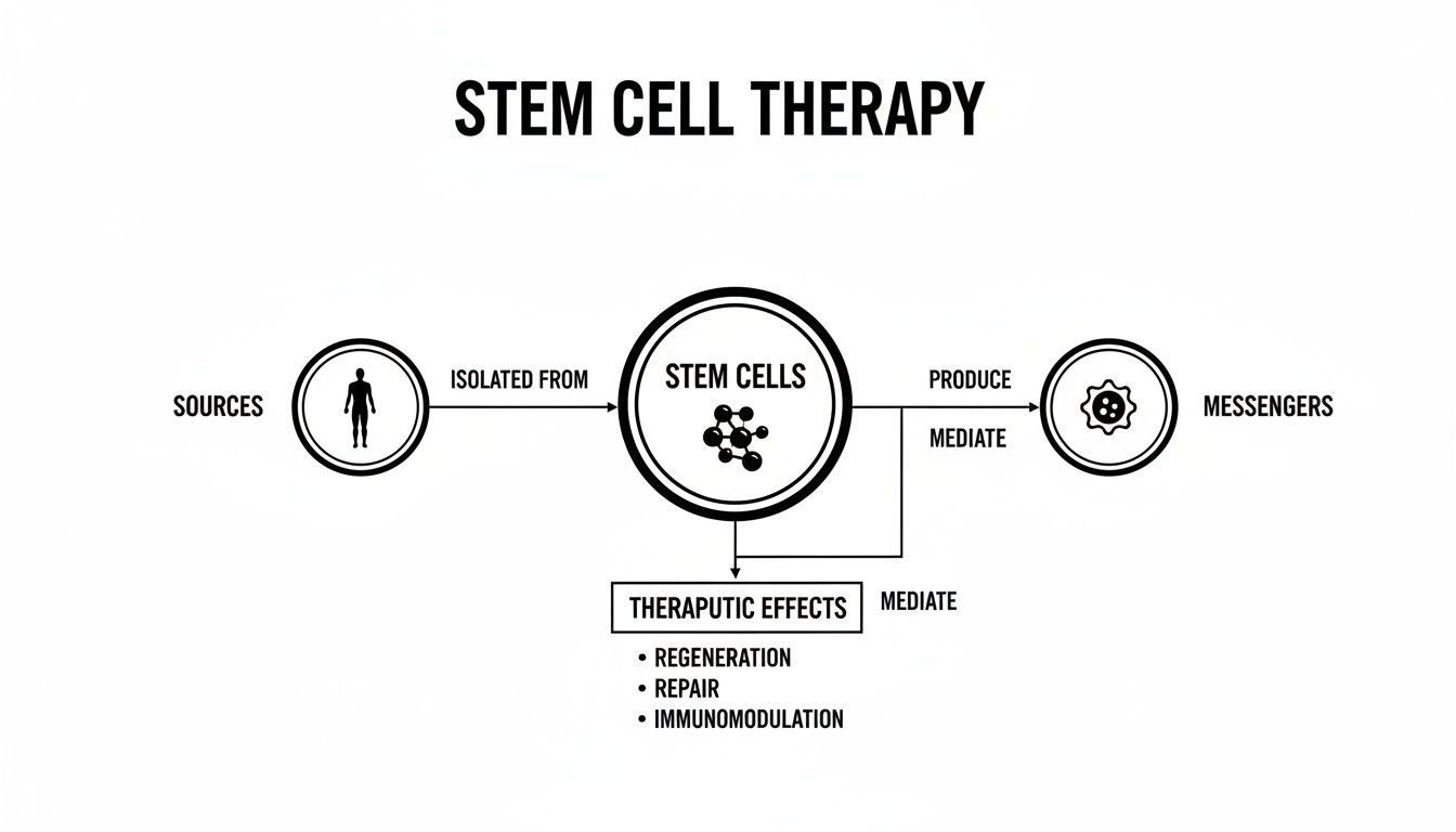 A flowchart detailing stem cell therapy, showing sources leading to stem cells, which produce messengers and mediate therapeutic effects like regeneration, repair, and immunomodulation.