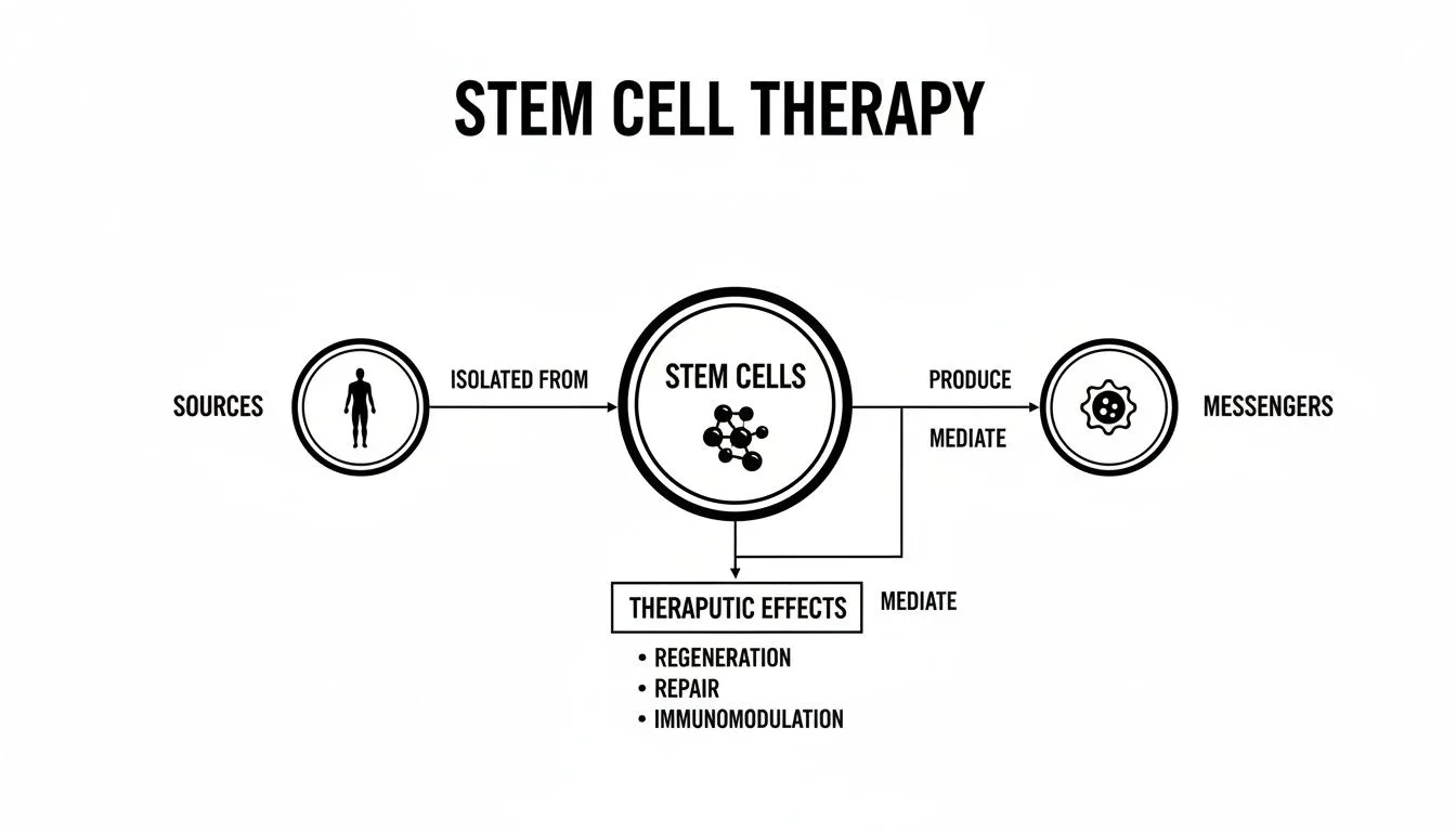 A flowchart detailing stem cell therapy, showing sources leading to stem cells, which produce messengers and mediate therapeutic effects like regeneration, repair, and immunomodulation.