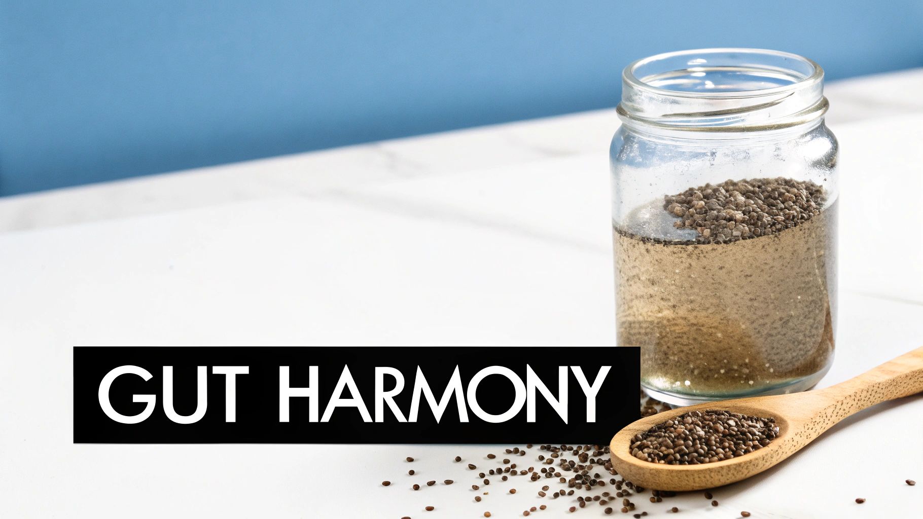 A glass jar of chia seeds soaking in water, with a wooden spoon holding dry chia seeds.