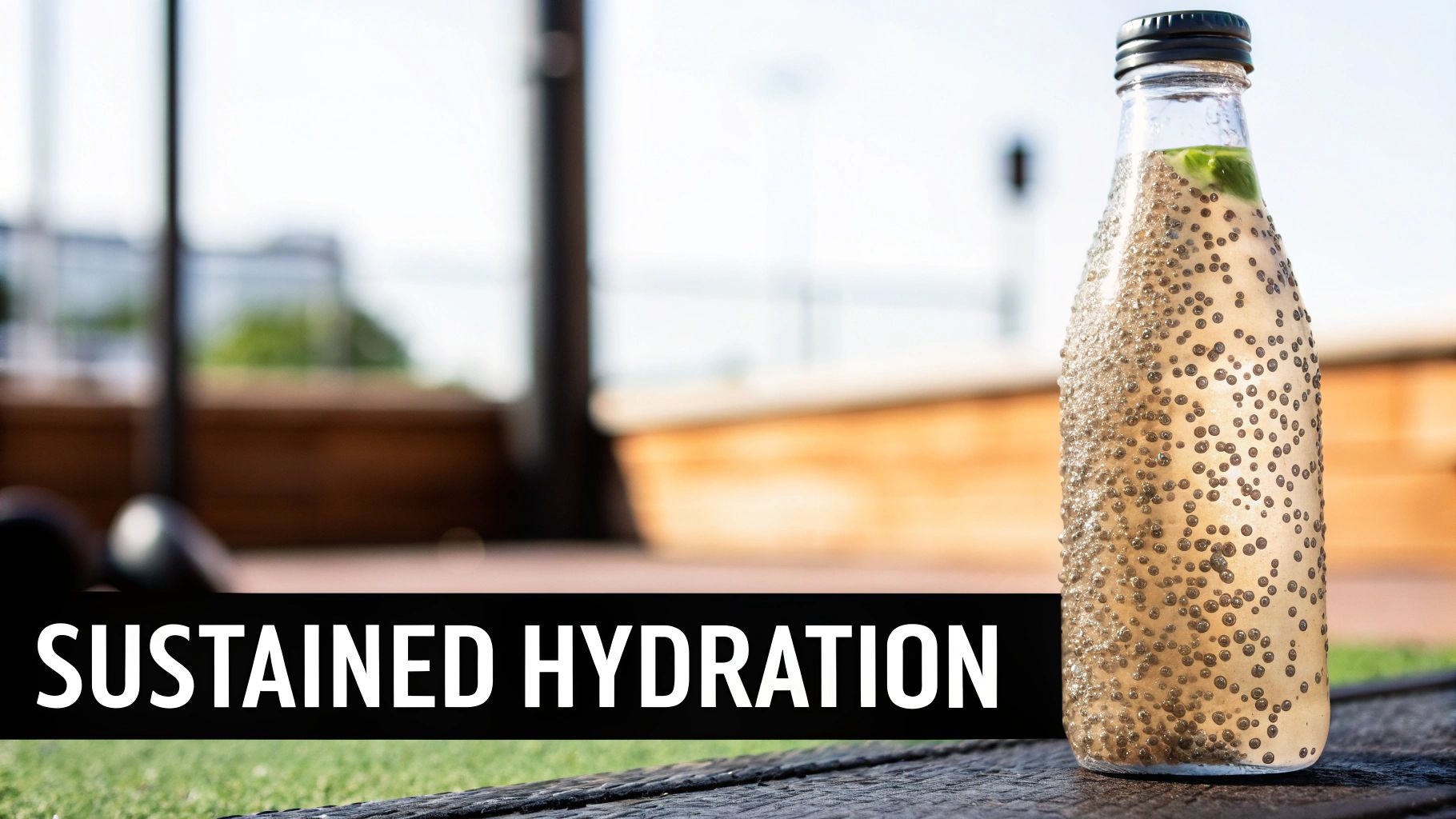 A refreshing glass bottle filled with chia seed water and a lime slice, promoting sustained hydration.