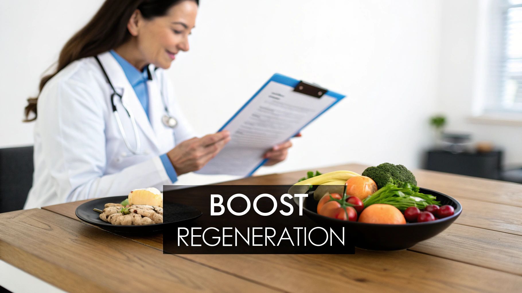 A smiling doctor reviews a clipboard, with healthy fruits and vegetables and a dessert on a table, promoting regeneration.