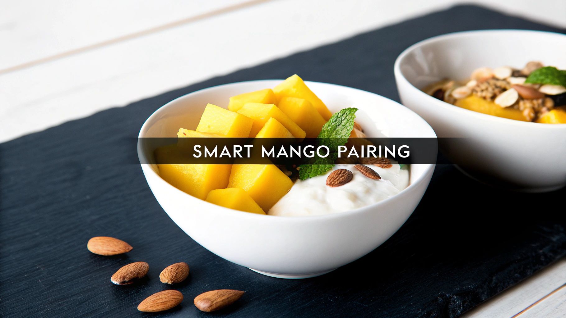 A vibrant bowl of diced mango, creamy yogurt, almonds, and fresh mint on a dark surface.
