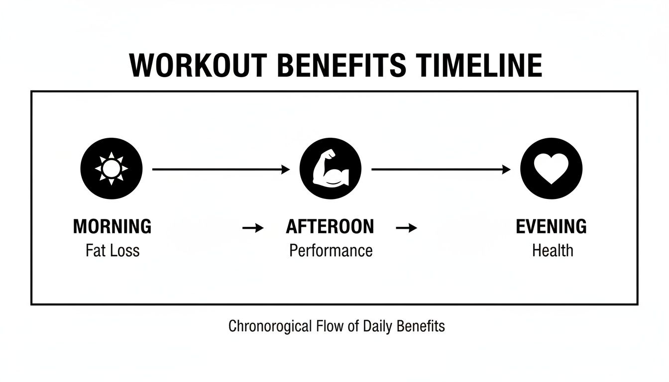 Timeline illustrating daily workout benefits: morning for fat loss, afternoon for performance, evening for health.
