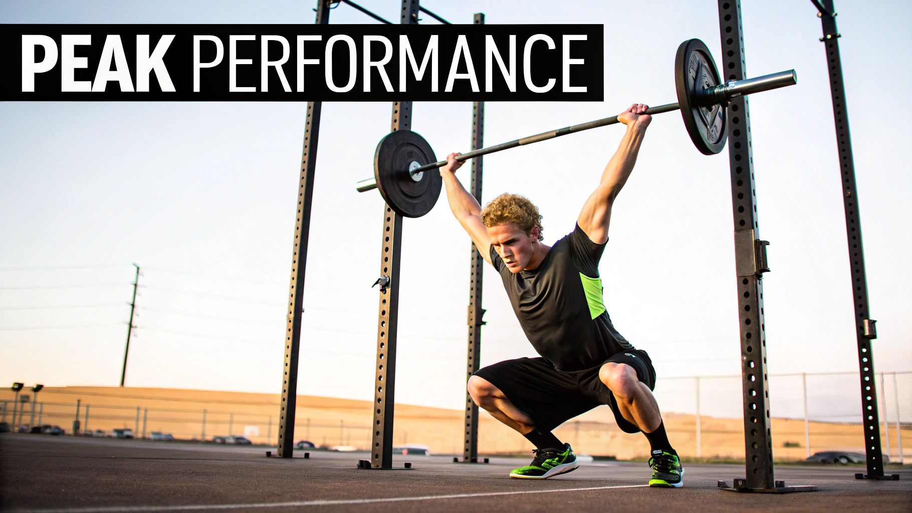 Male athlete performing an overhead squat with a barbell during an outdoor workout.