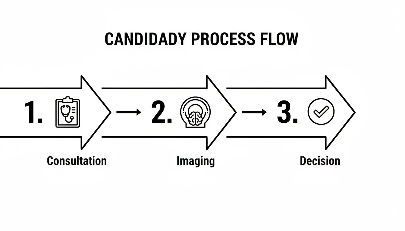 A three-step medical process flow diagram showing consultation, imaging, and decision stages.
