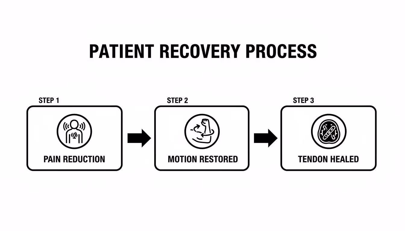 A visual representation of the patient recovery process showing three key steps: pain reduction, motion restored, and tendon healed.
