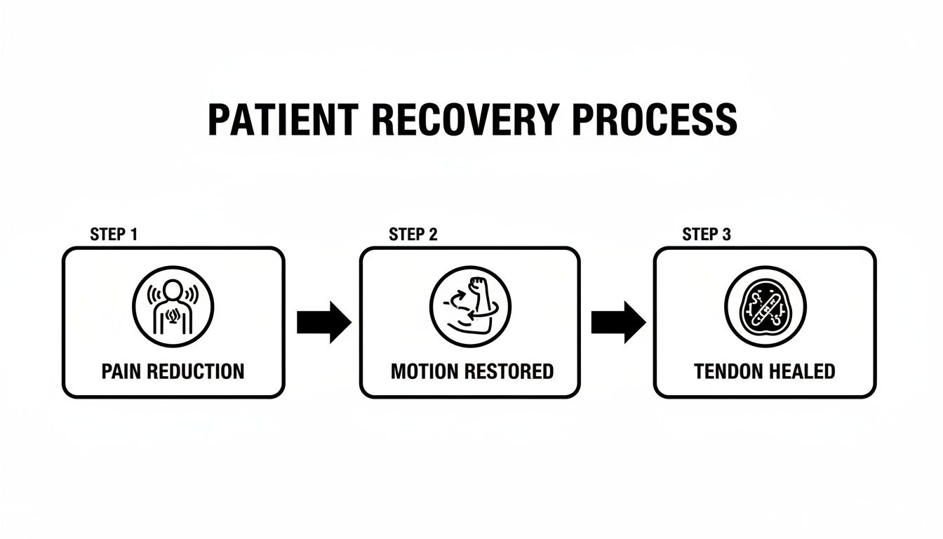 A visual representation of the patient recovery process showing three key steps: pain reduction, motion restored, and tendon healed.