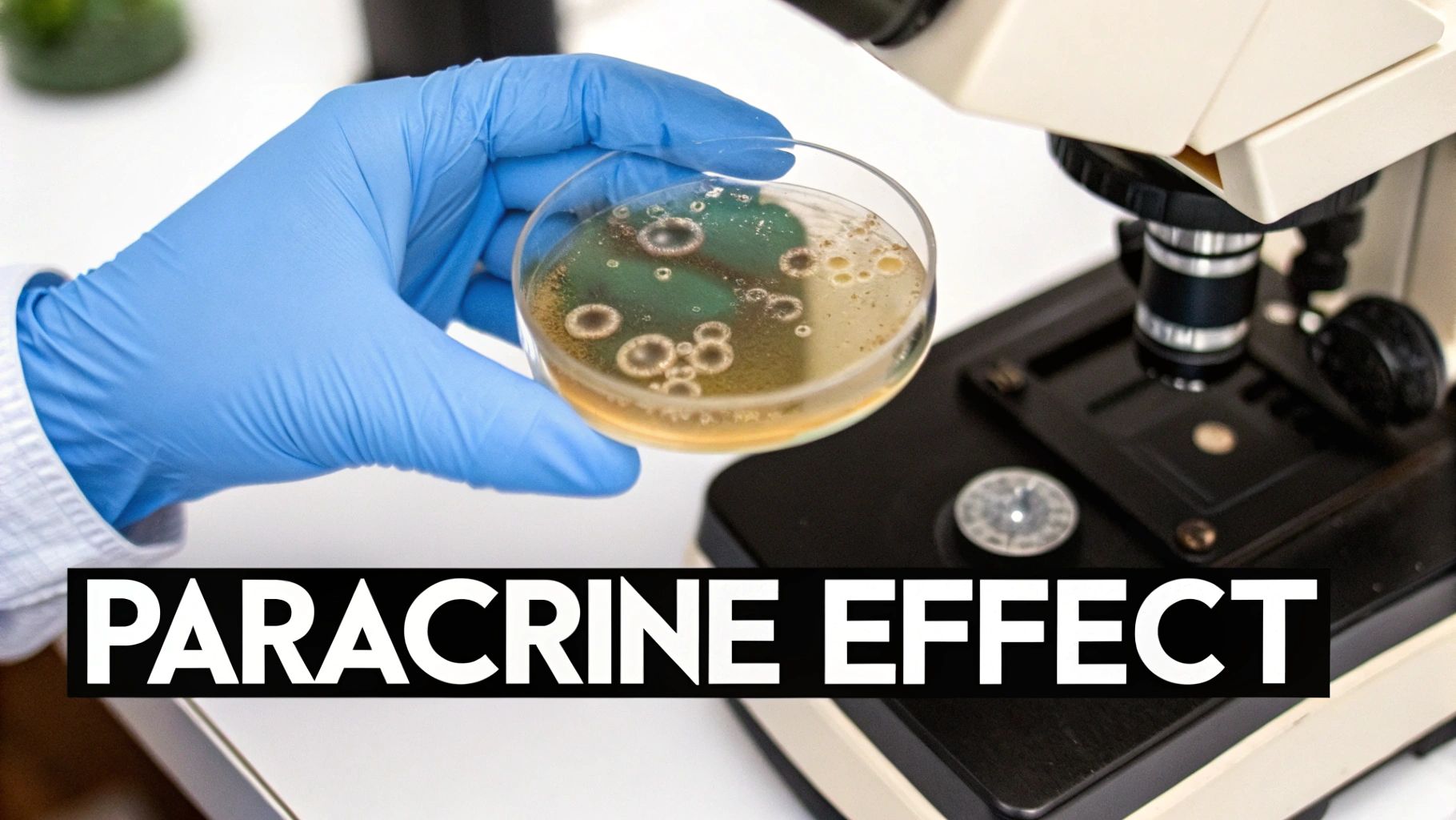 A scientist's gloved hand holds a petri dish showing microbial growth, with a microscope nearby.