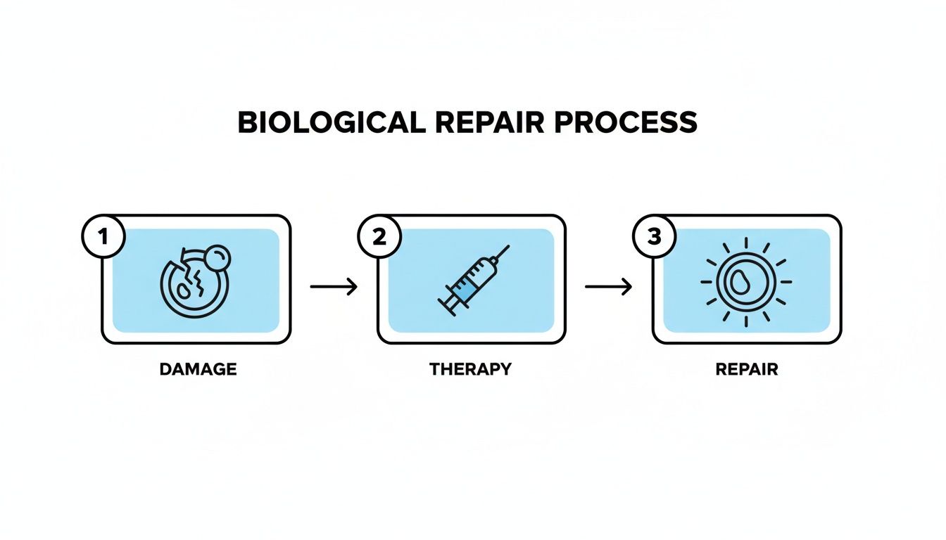 Flowchart showing the biological repair process with stages of damage, syringe therapy, and successful repair.