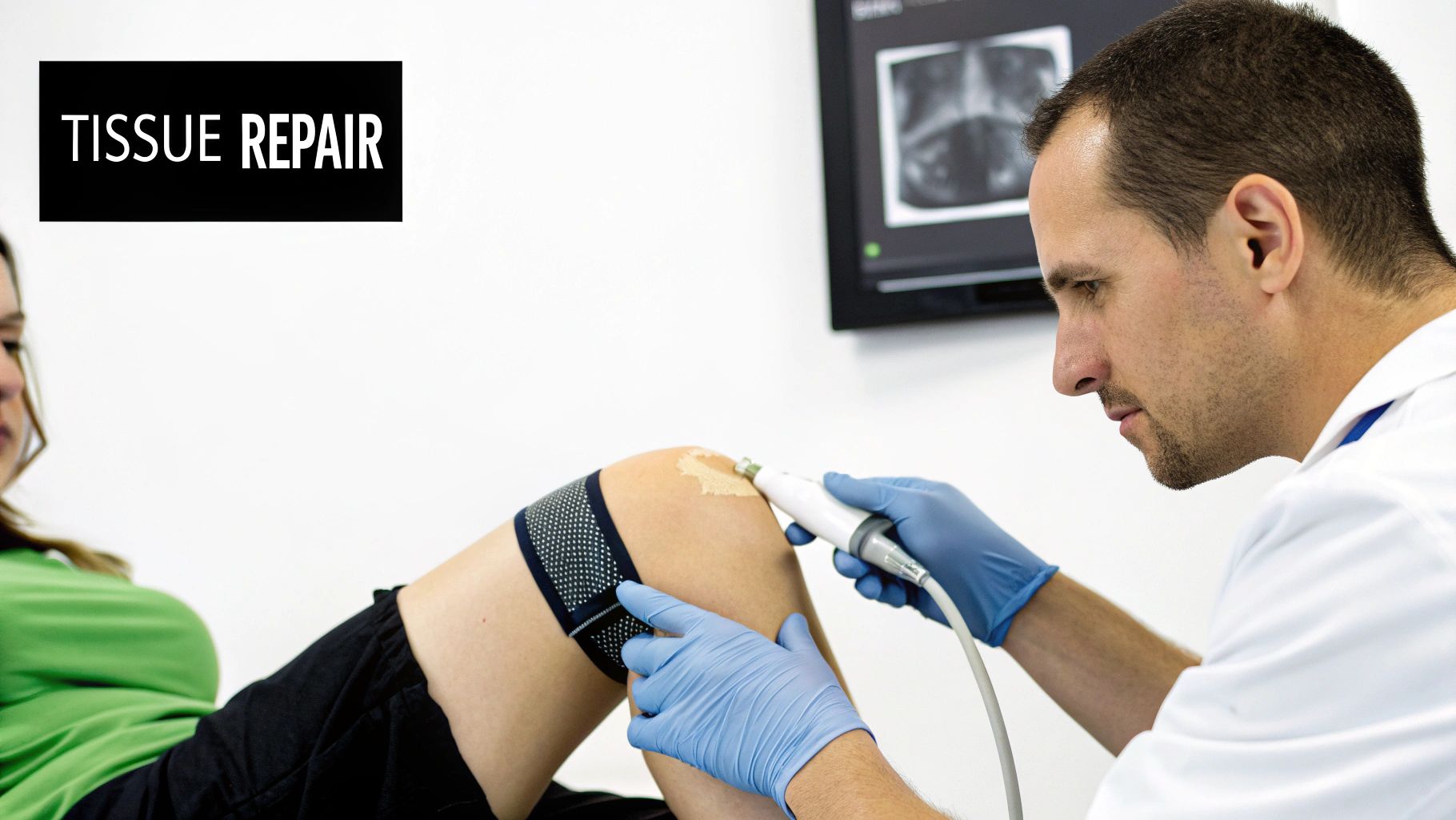 A doctor in blue gloves performs tissue repair on a patient's knee with a medical device.