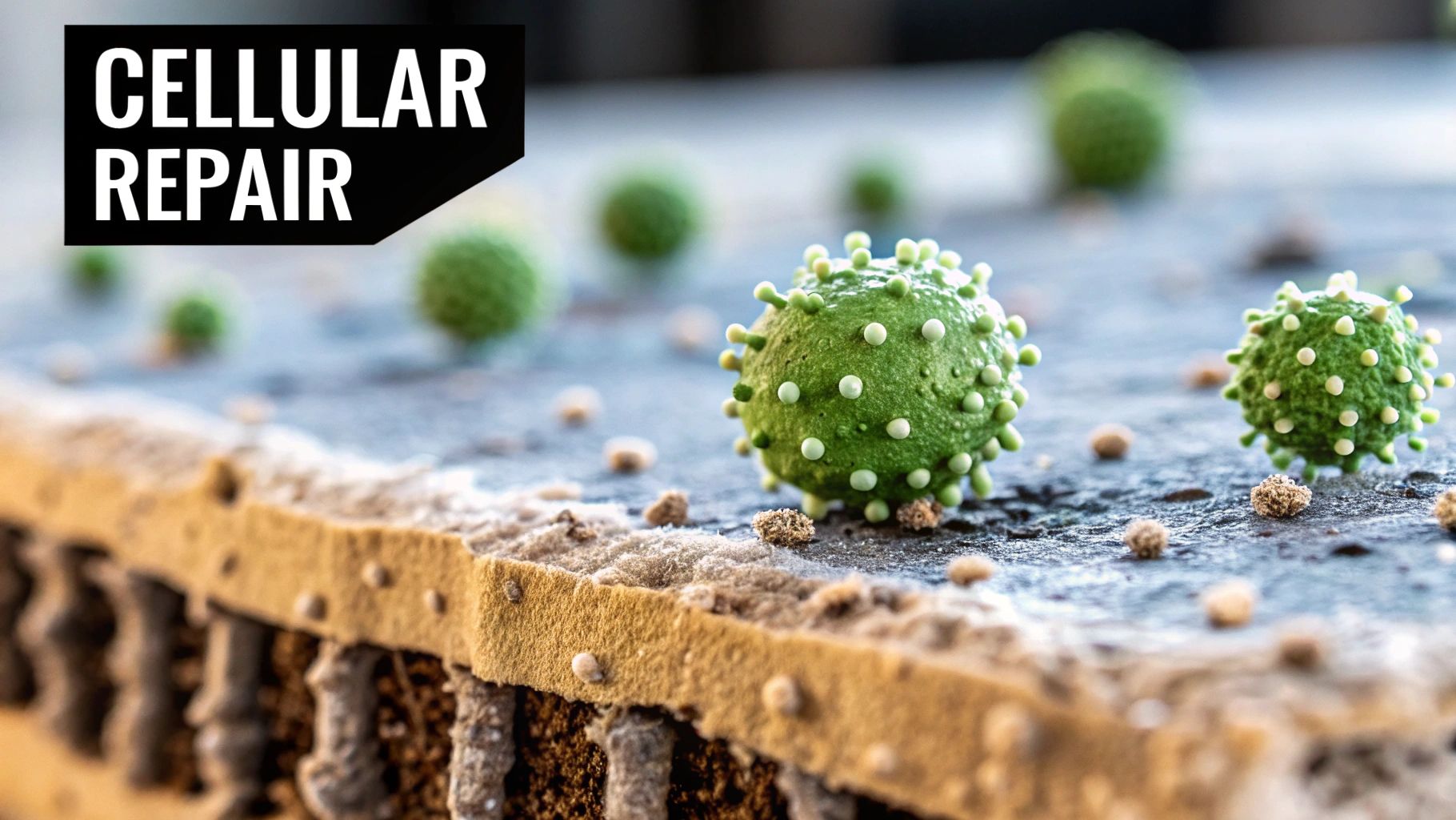 Microscopic depiction of green, spiky cells and particles on a textured surface, indicating cellular repair.