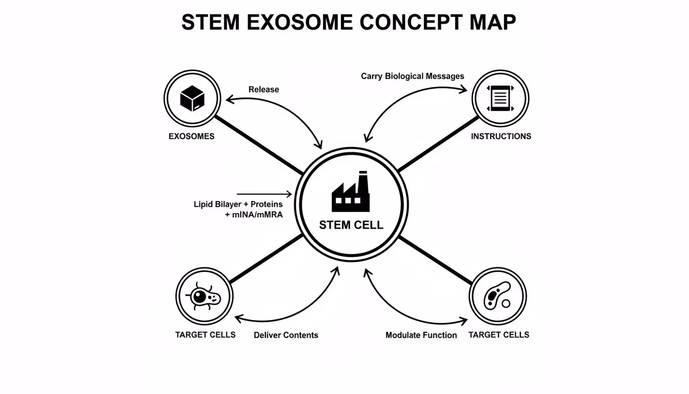 A concept map illustrating the process of stem cells releasing exosomes and their interaction with target cells.