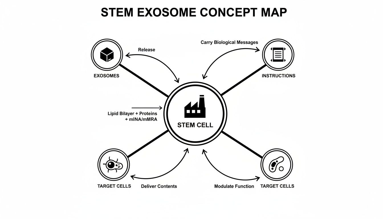 A concept map illustrating the process of stem cells releasing exosomes and their interaction with target cells.