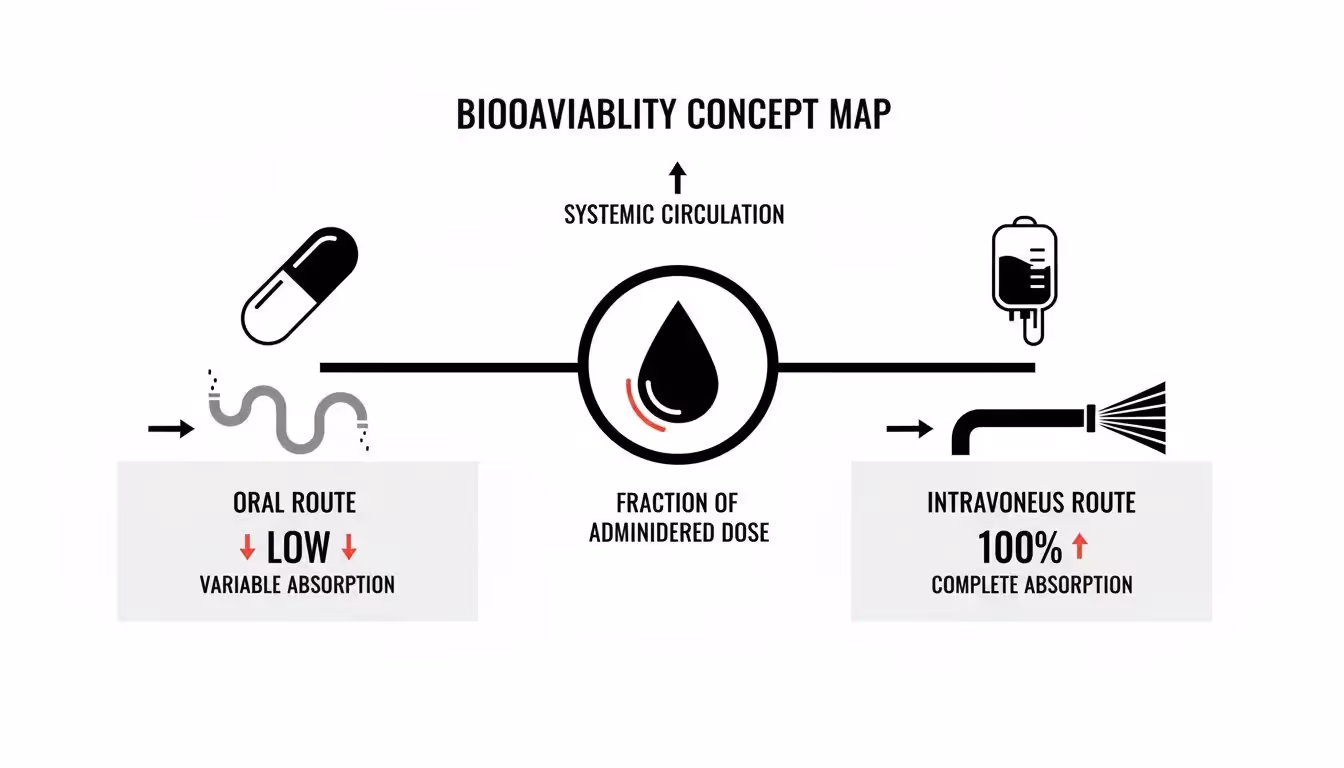 Bioavailability concept map illustrating drug absorption differences between oral and intravenous administration methods.