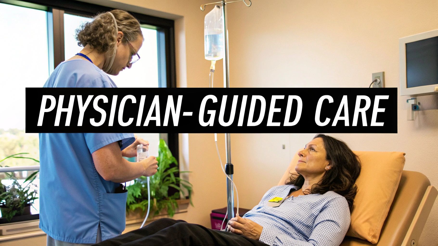 A medical professional attends to a patient lying on a bed with an IV drip.