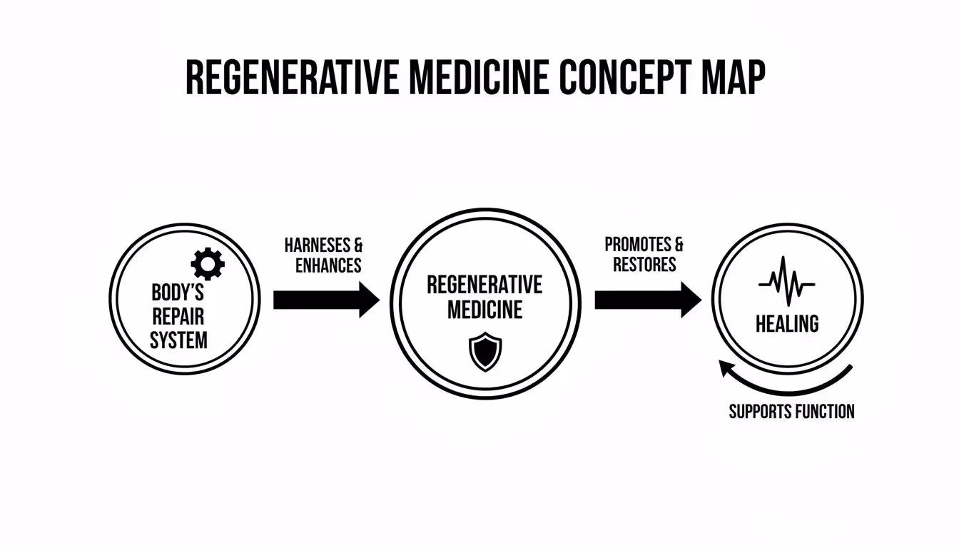 Concept map illustrating regenerative medicine harnessing the body's repair system for healing and supporting function.
