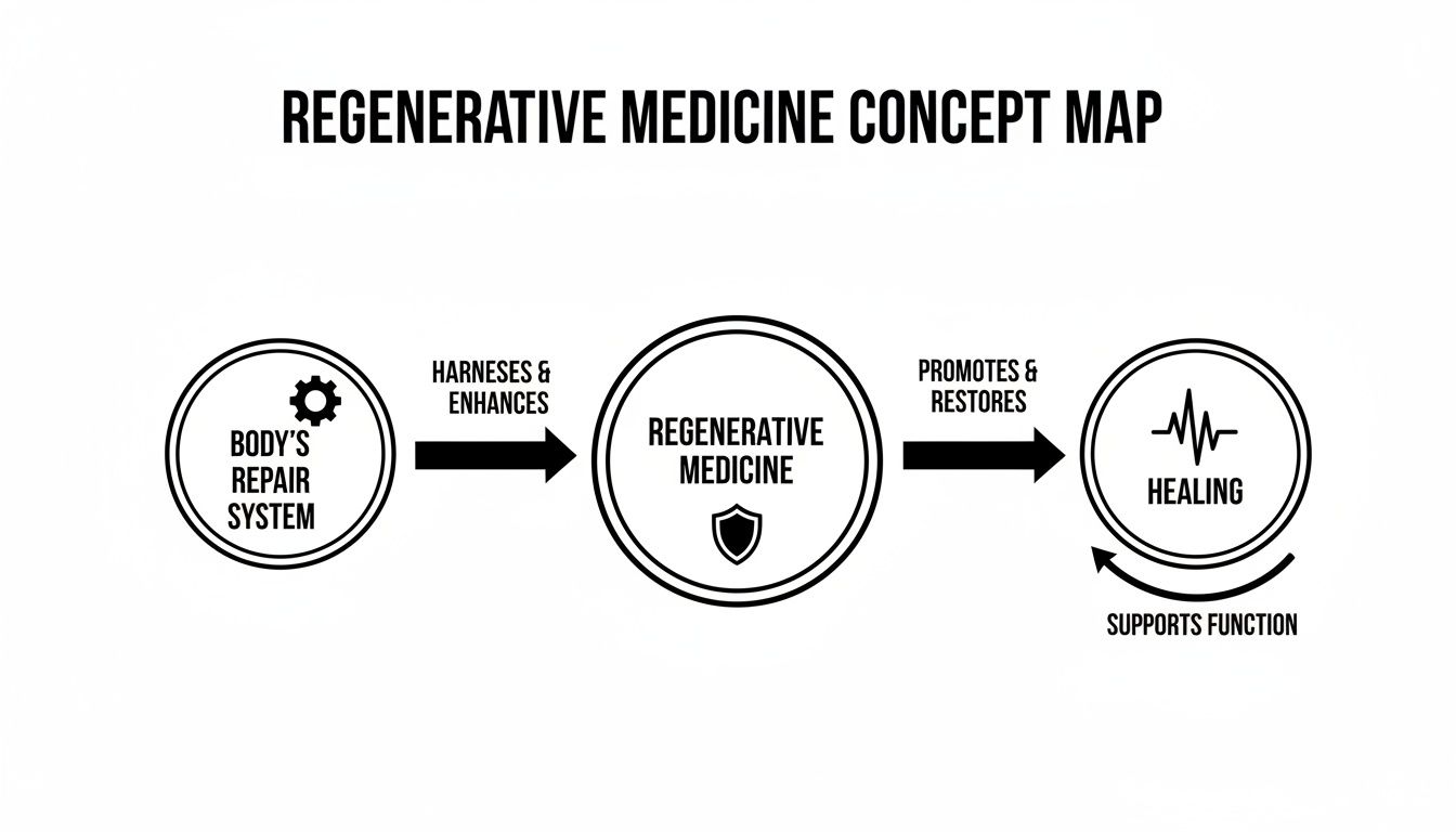 Concept map illustrating regenerative medicine harnessing the body's repair system for healing and supporting function.