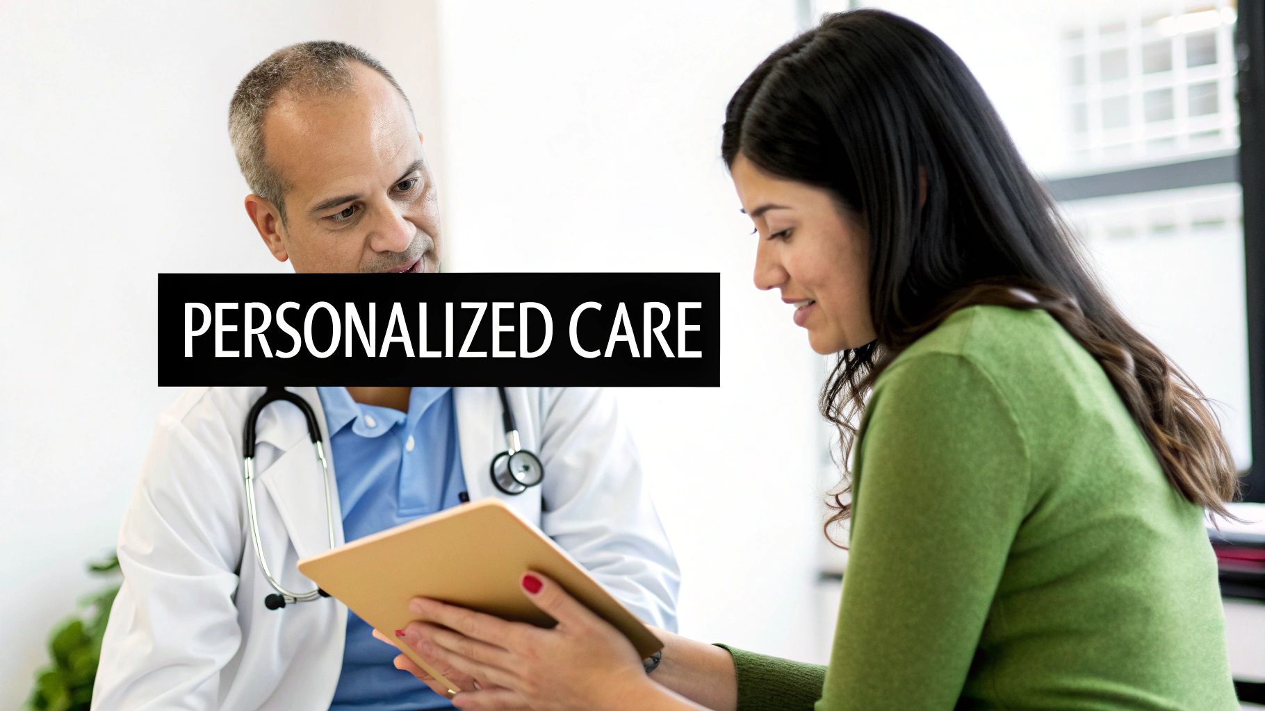 A doctor and a female patient review documents together, emphasizing personalized care in a medical setting.