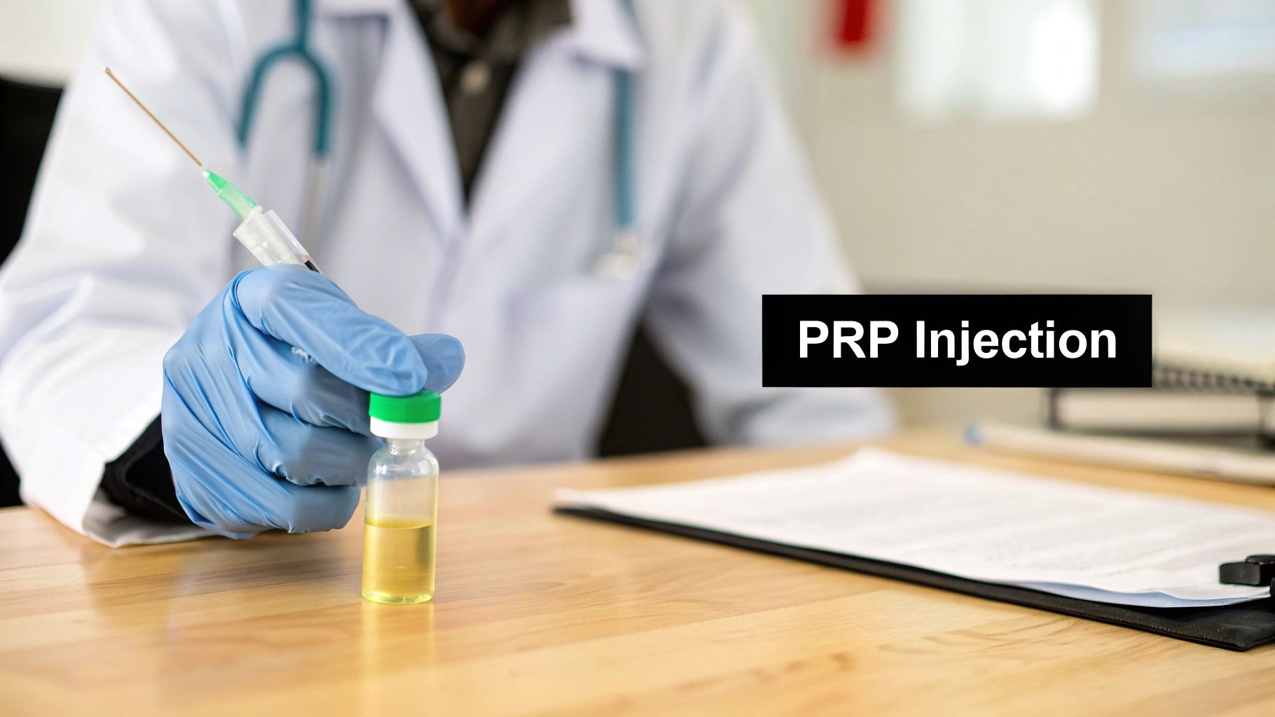 A gloved doctor holds a syringe and a vial of yellow liquid for PRP injection treatment.