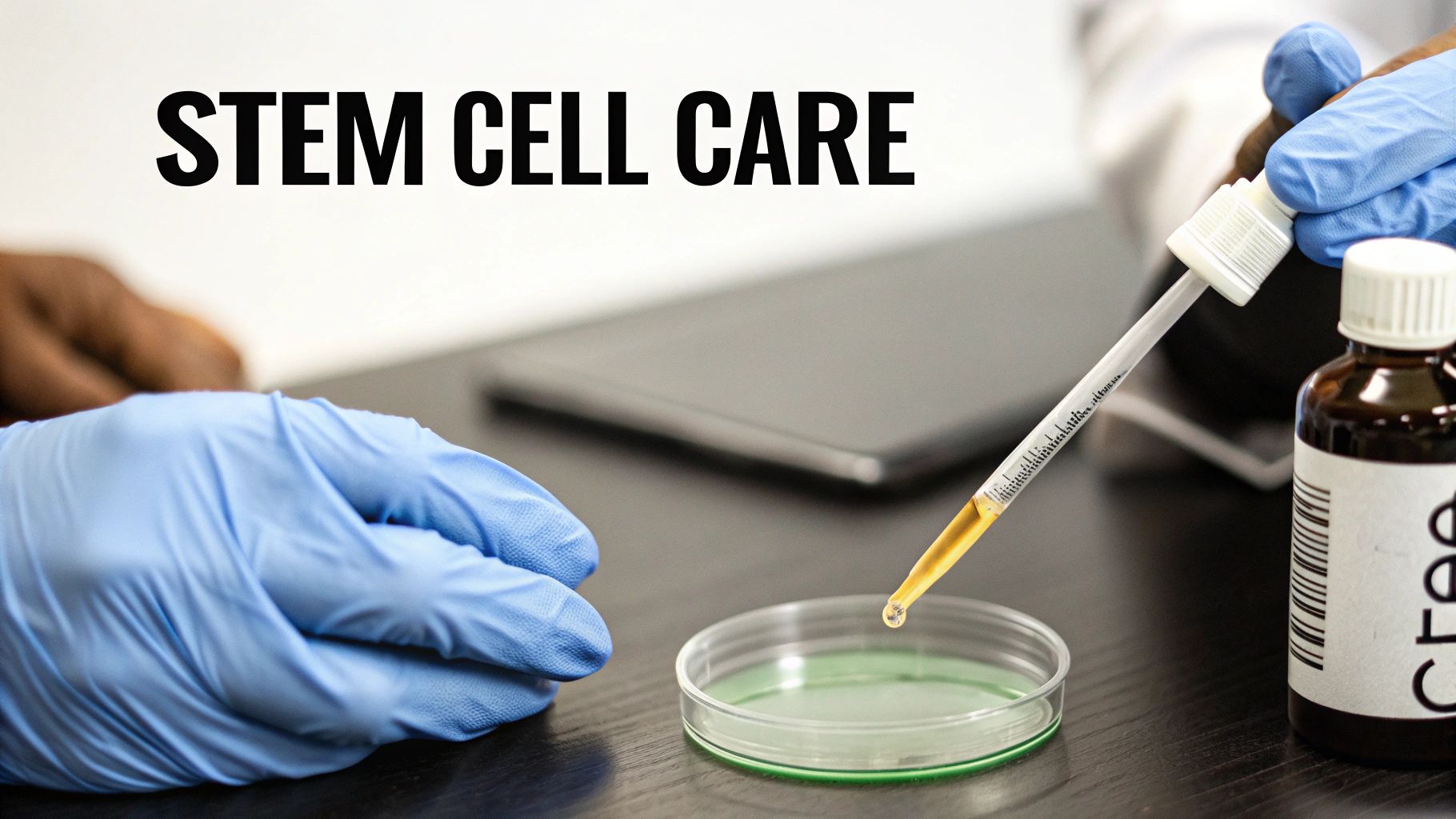 Gloved hands in a lab setting with a dropper dispensing liquid into a petri dish, text reads 'STEM CELL CARE'.