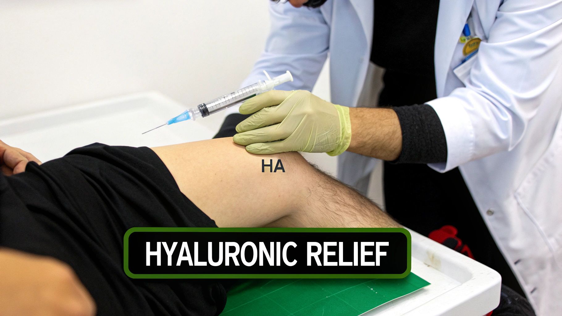 A doctor in a lab coat and gloves administers a hyaluronic acid injection into a patient's knee.