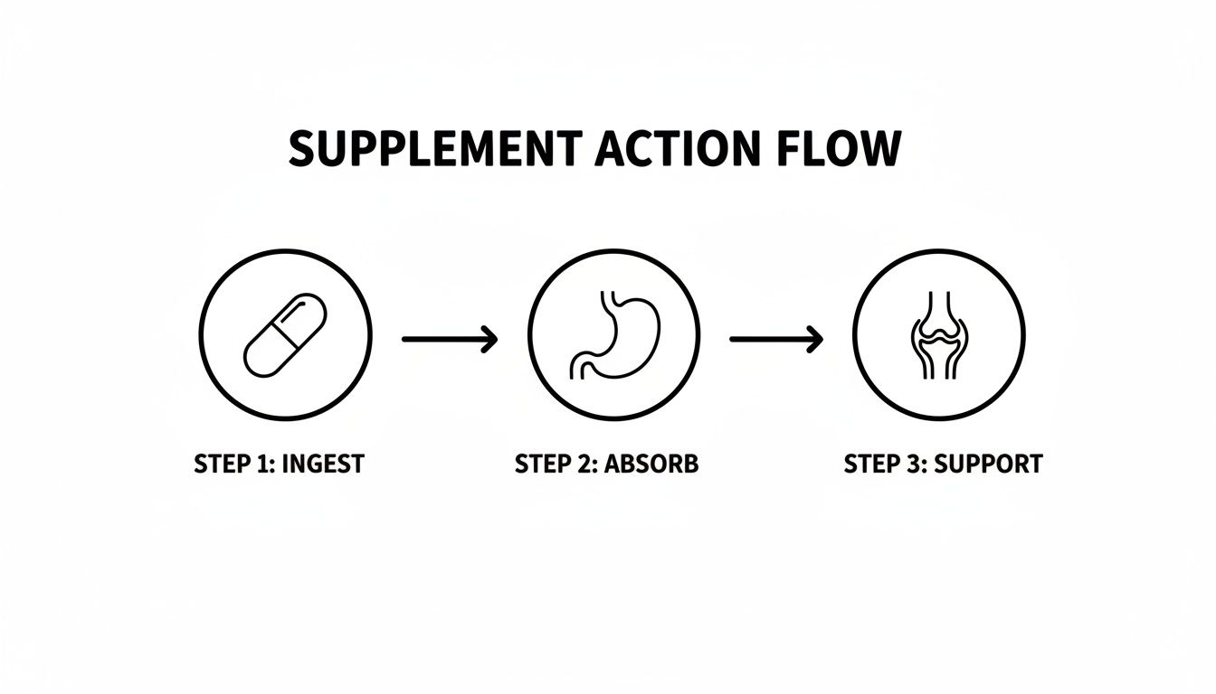 Diagram illustrates supplement action flow: ingest a pill, absorb in the stomach, then support joints.