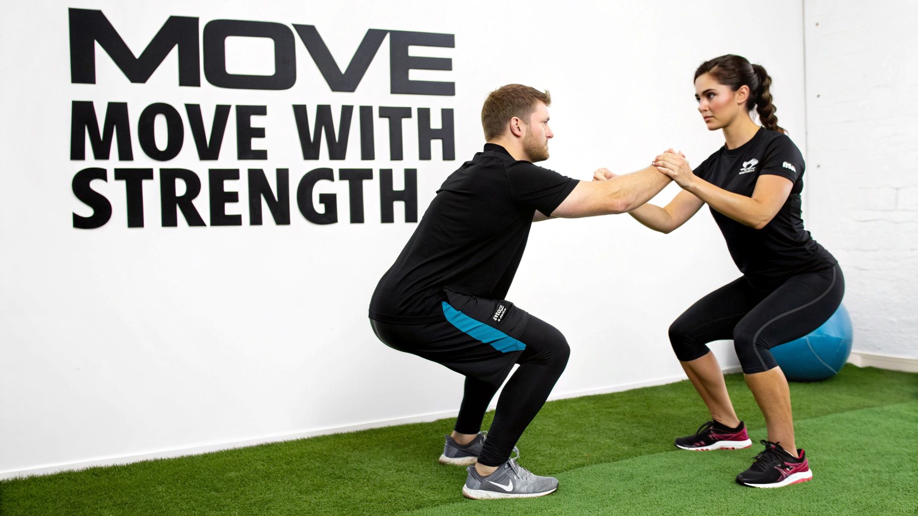 Two people performing assisted squats in a modern fitness facility with green turf.
