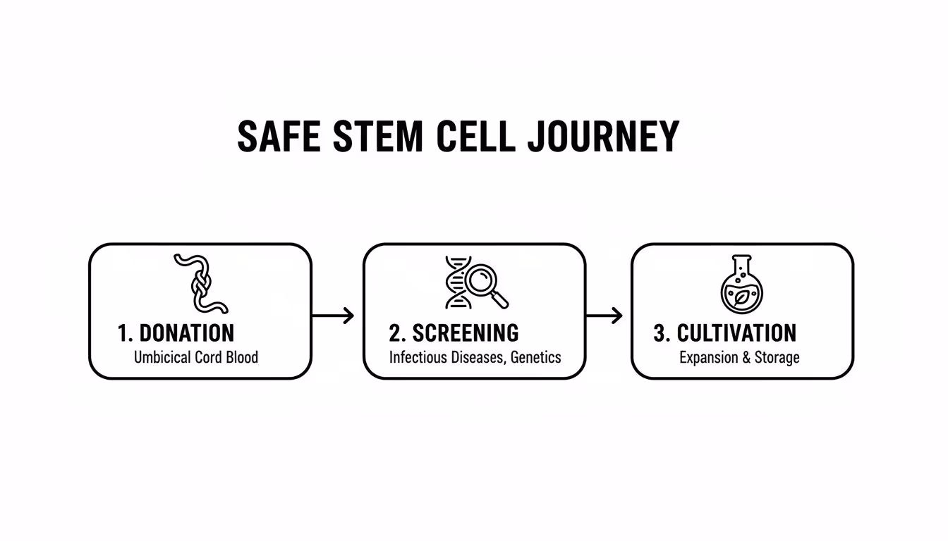 A flowchart outlines the safe stem cell journey: donation, screening, and cultivation steps.