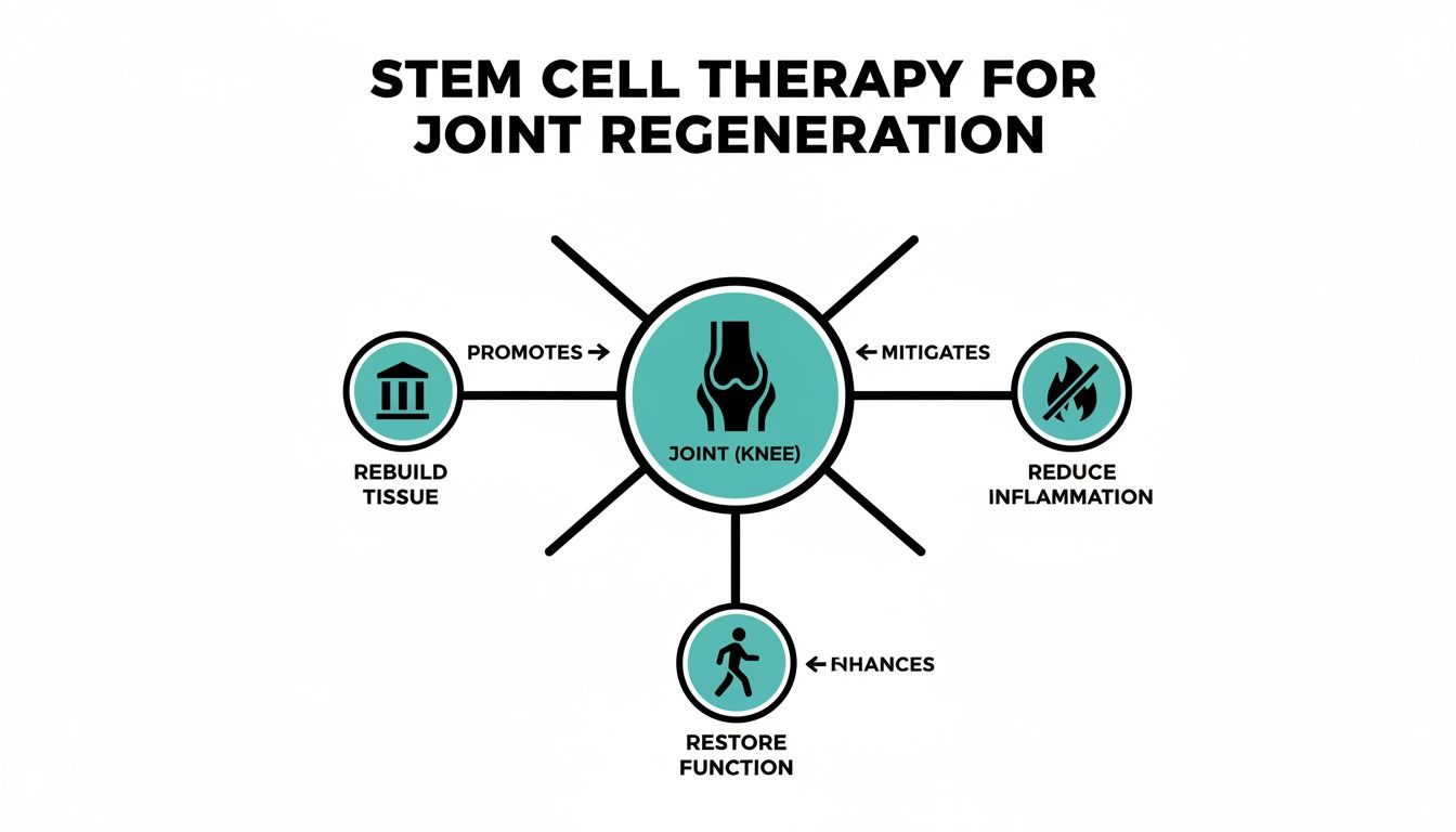 An infographic illustrating stem cell therapy's benefits for joint regeneration, showing it rebuilds tissue, reduces inflammation, and restores function.