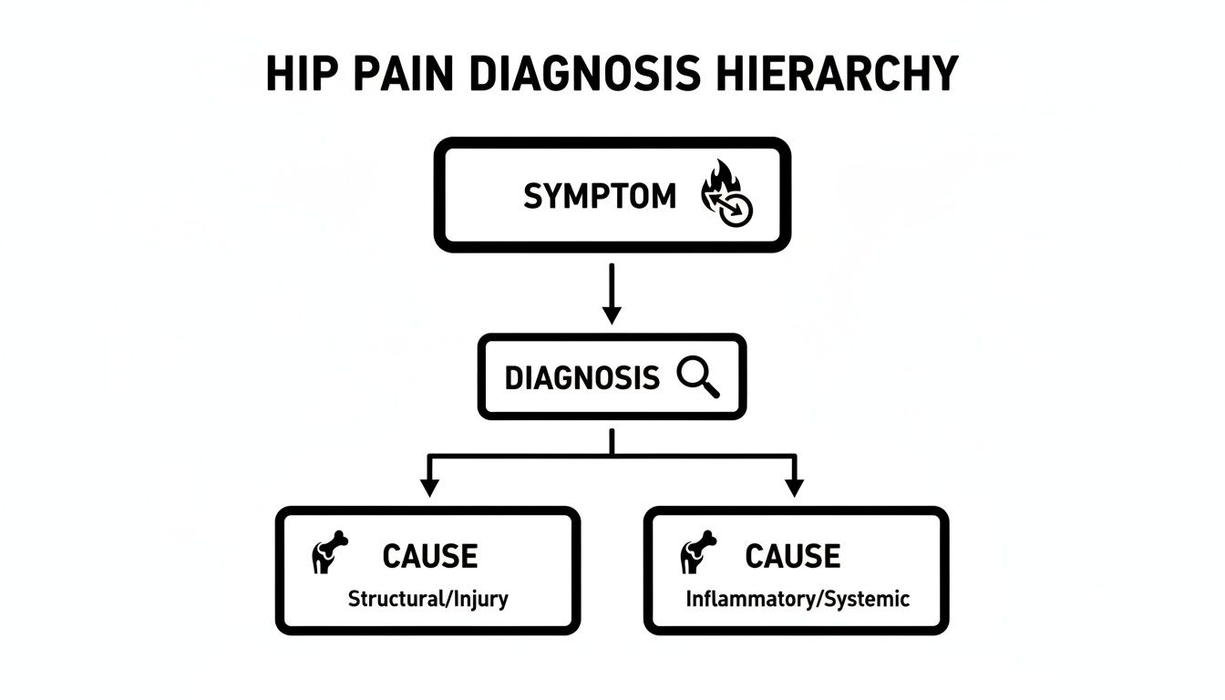 A flowchart showing the hip pain diagnosis hierarchy, from symptom to diagnosis, then structural or inflammatory causes.