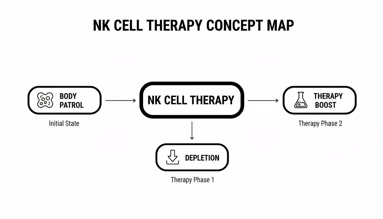 A concept map outlines the NK cell therapy process, showing initial state, depletion (Phase 1), and therapy boost (Phase 2).