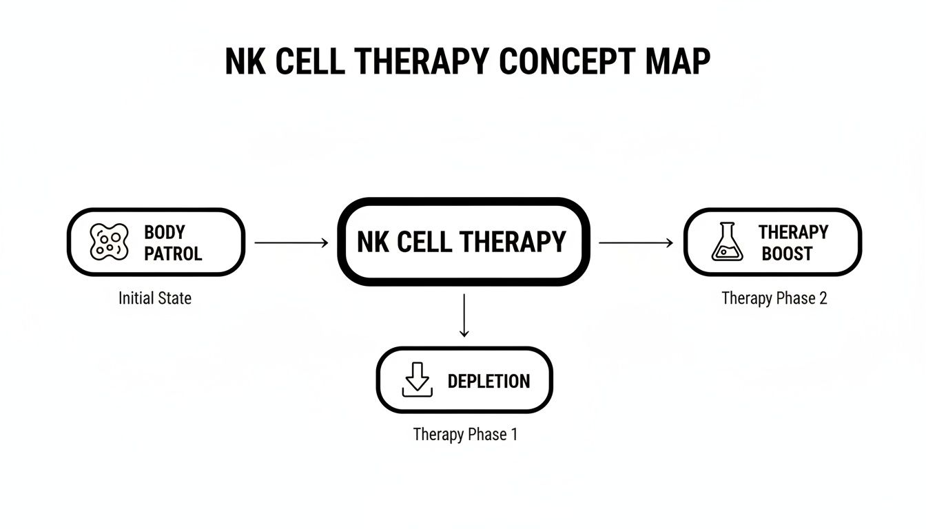A concept map outlines the NK cell therapy process, showing initial state, depletion (Phase 1), and therapy boost (Phase 2).