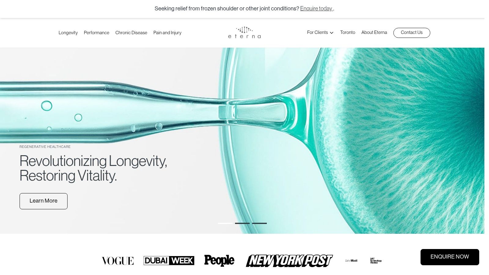 Eterna Health website interface showcasing its global clinic network and regenerative medicine focus