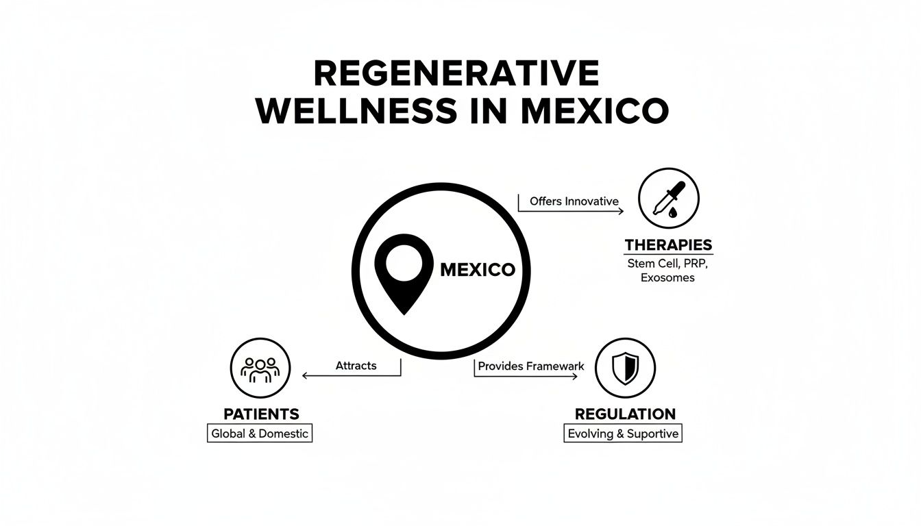 Infographic detailing Mexico's regenerative wellness ecosystem, highlighting innovative therapies like stem cell and exosomes.