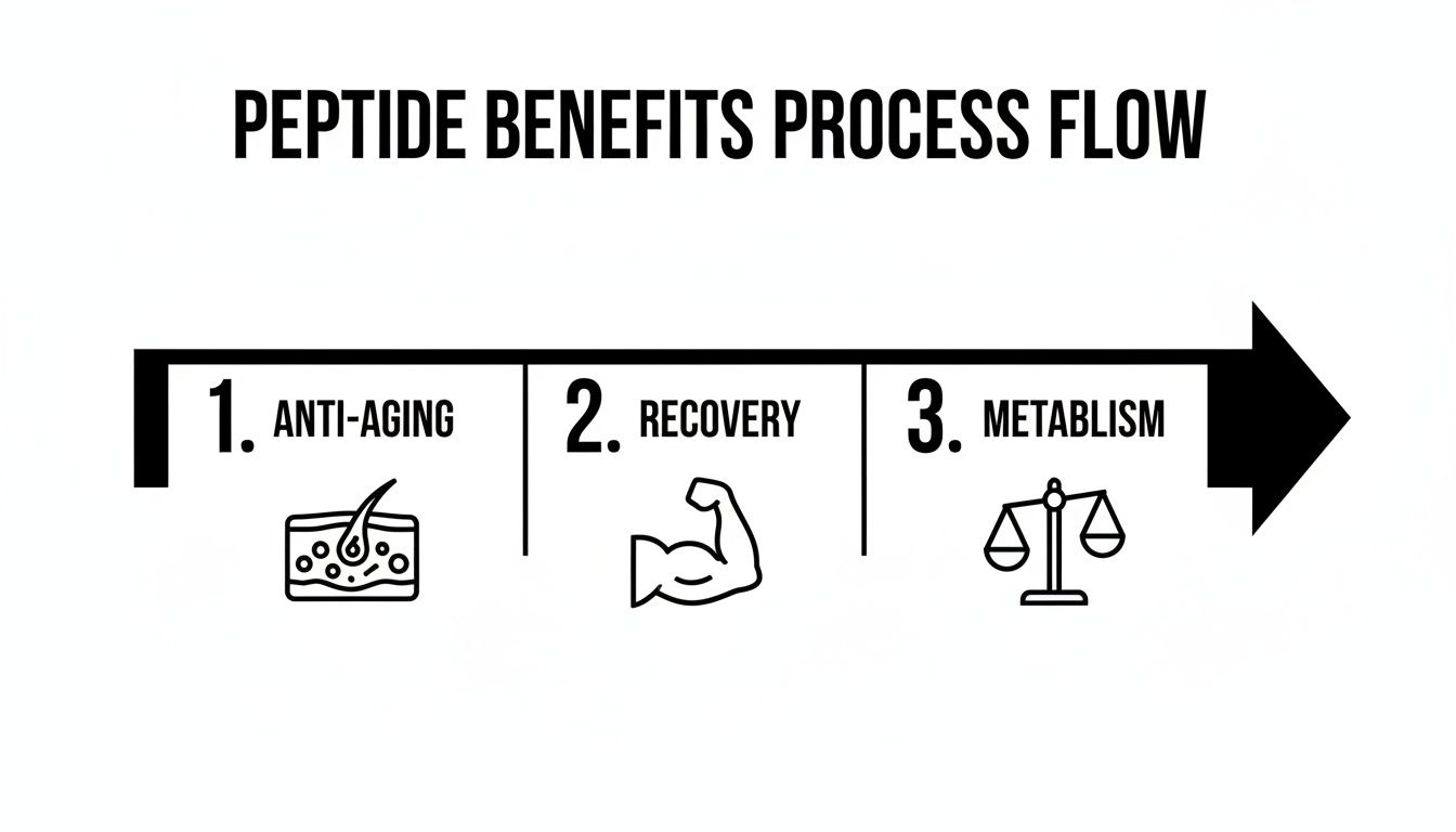 A process flow diagram illustrating peptide benefits: anti-aging, recovery, and metabolism.