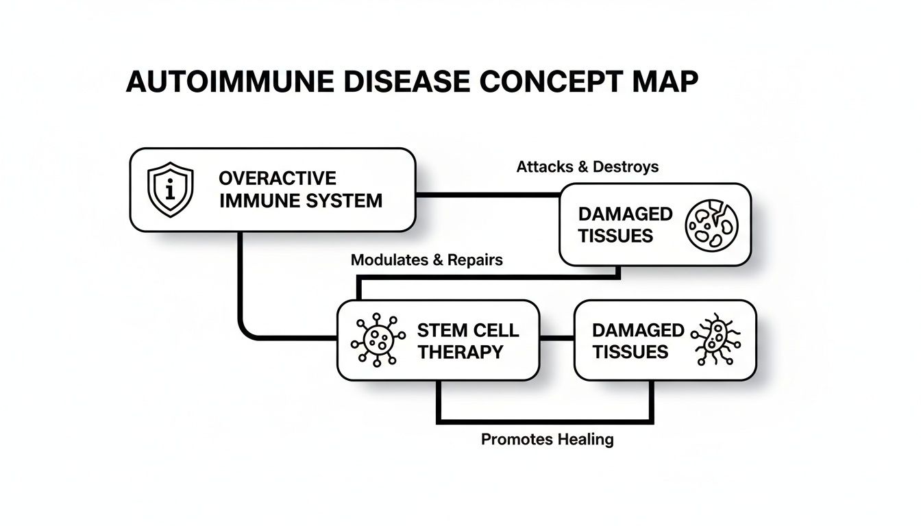 A concept map illustrating autoimmune disease, showing an overactive immune system damaging tissues, and stem cell therapy for repair.